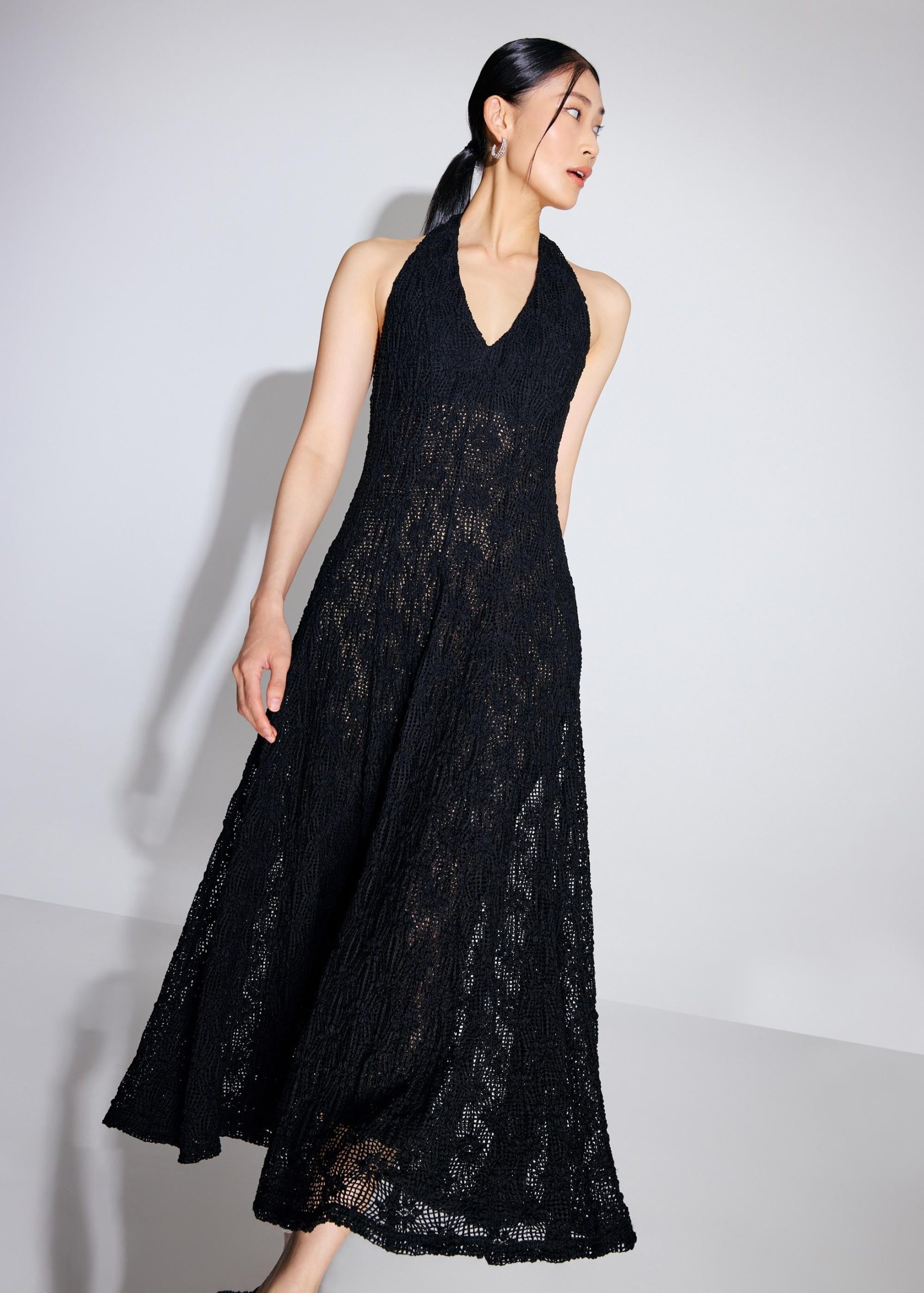 Crochet Halter Plunge Fit & Flare Midaxi Dress