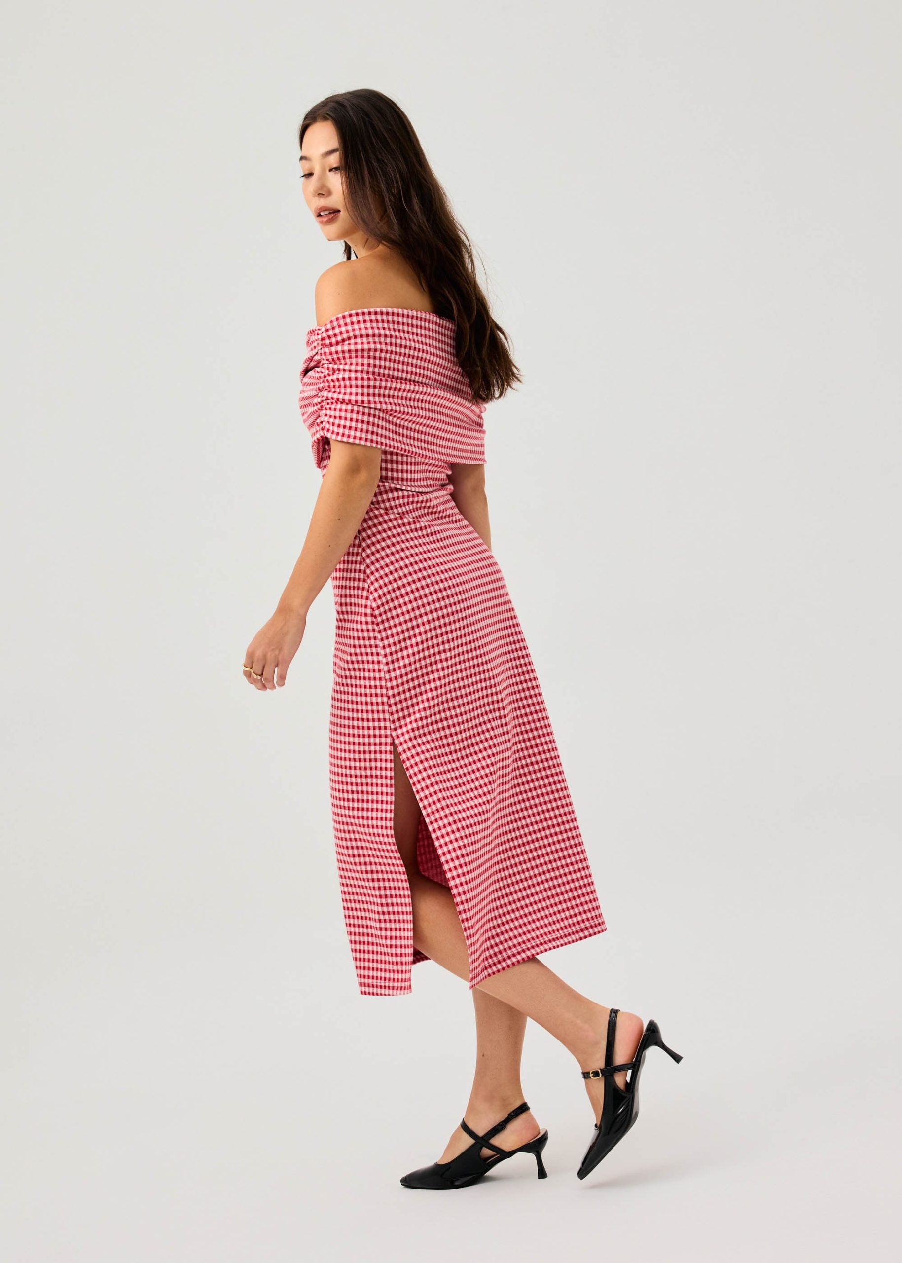 Gingham Jersey Off-Shoulder Column Midaxi Dress - Image 6
