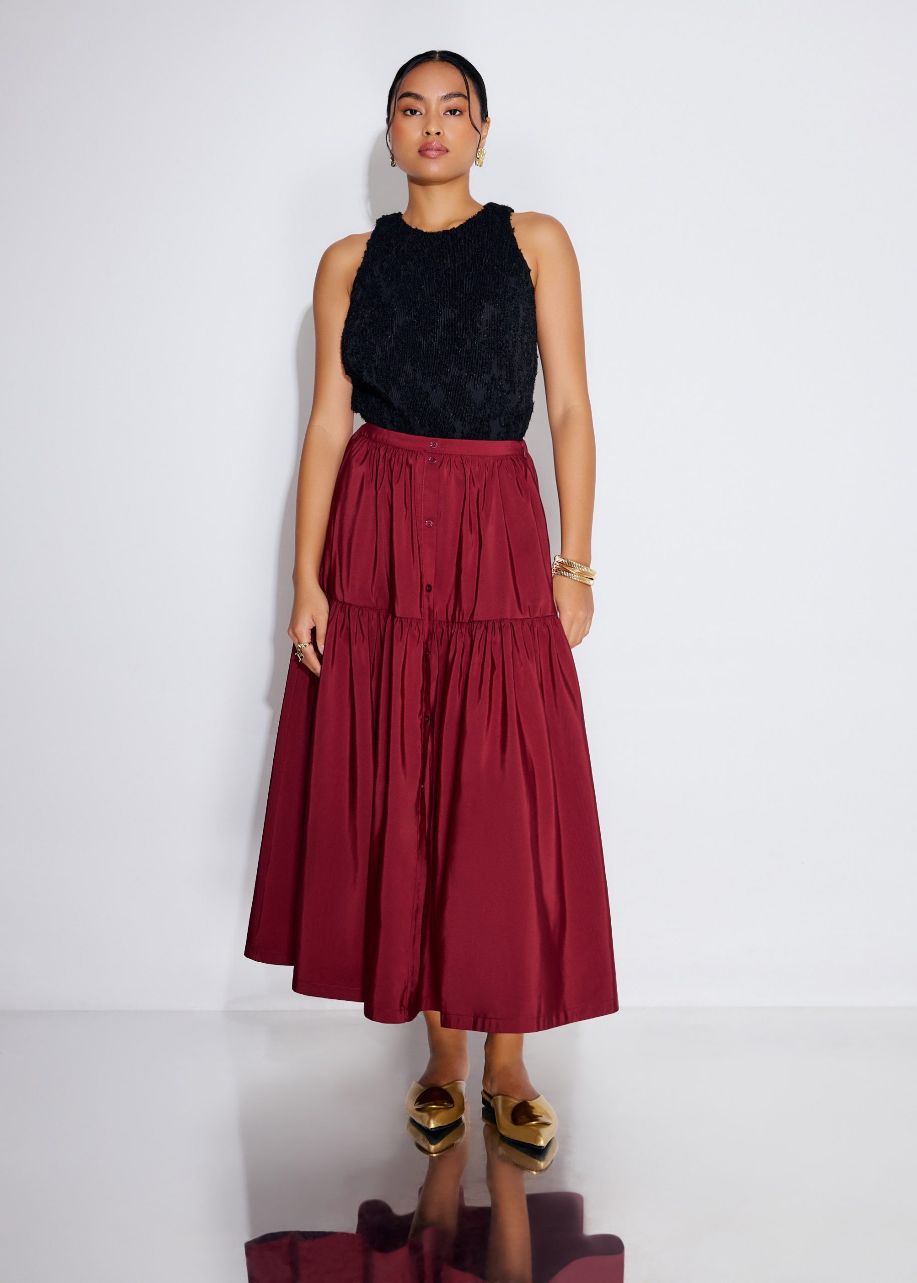 Elastic Tiered High Waist Flare Midaxi Skirt - Image 10