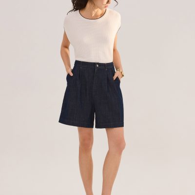 Denim Front Pleat A-Line Bermuda Shorts