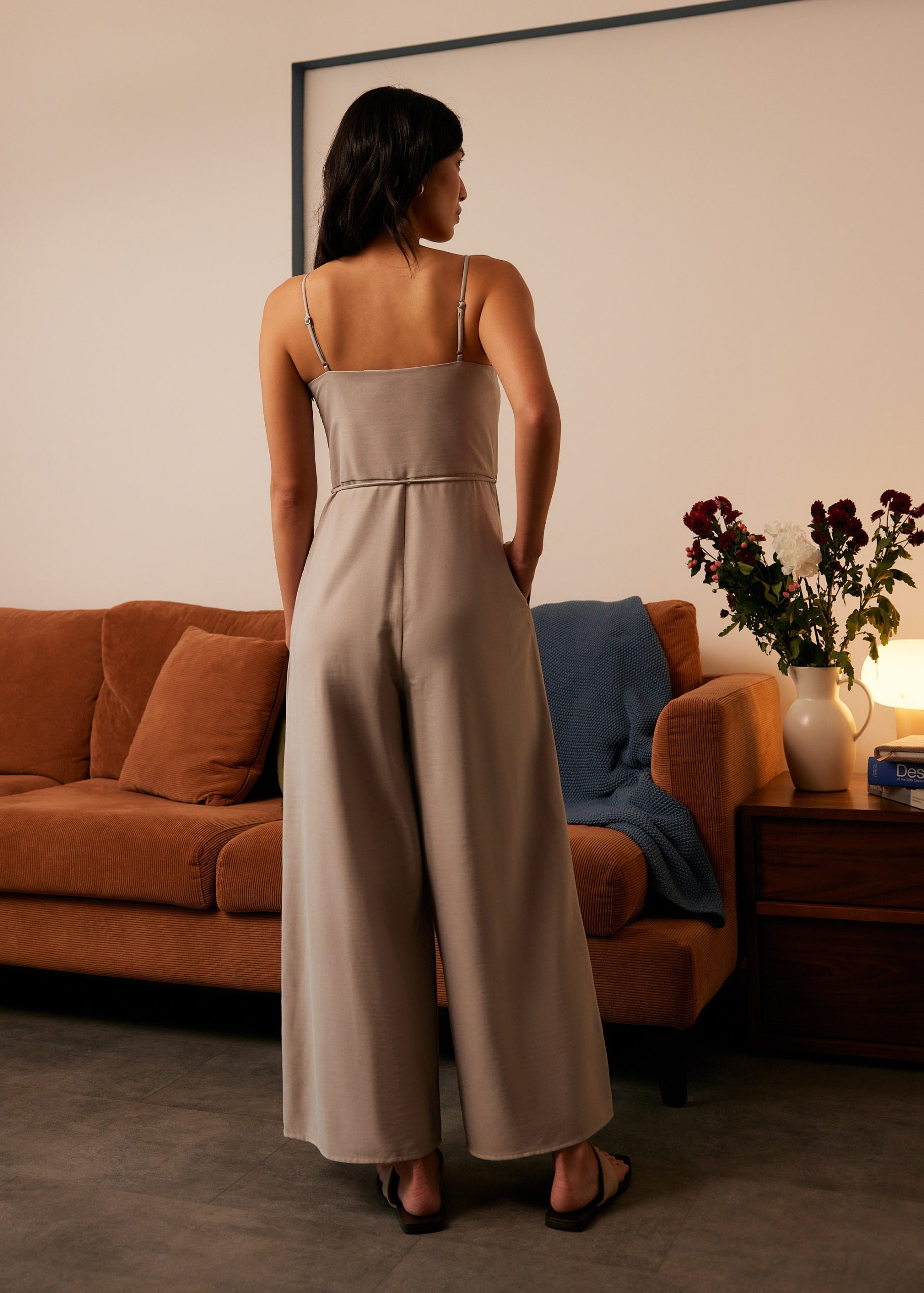 Belted Straight Neck Wide Leg Jumpsuit - Image 9