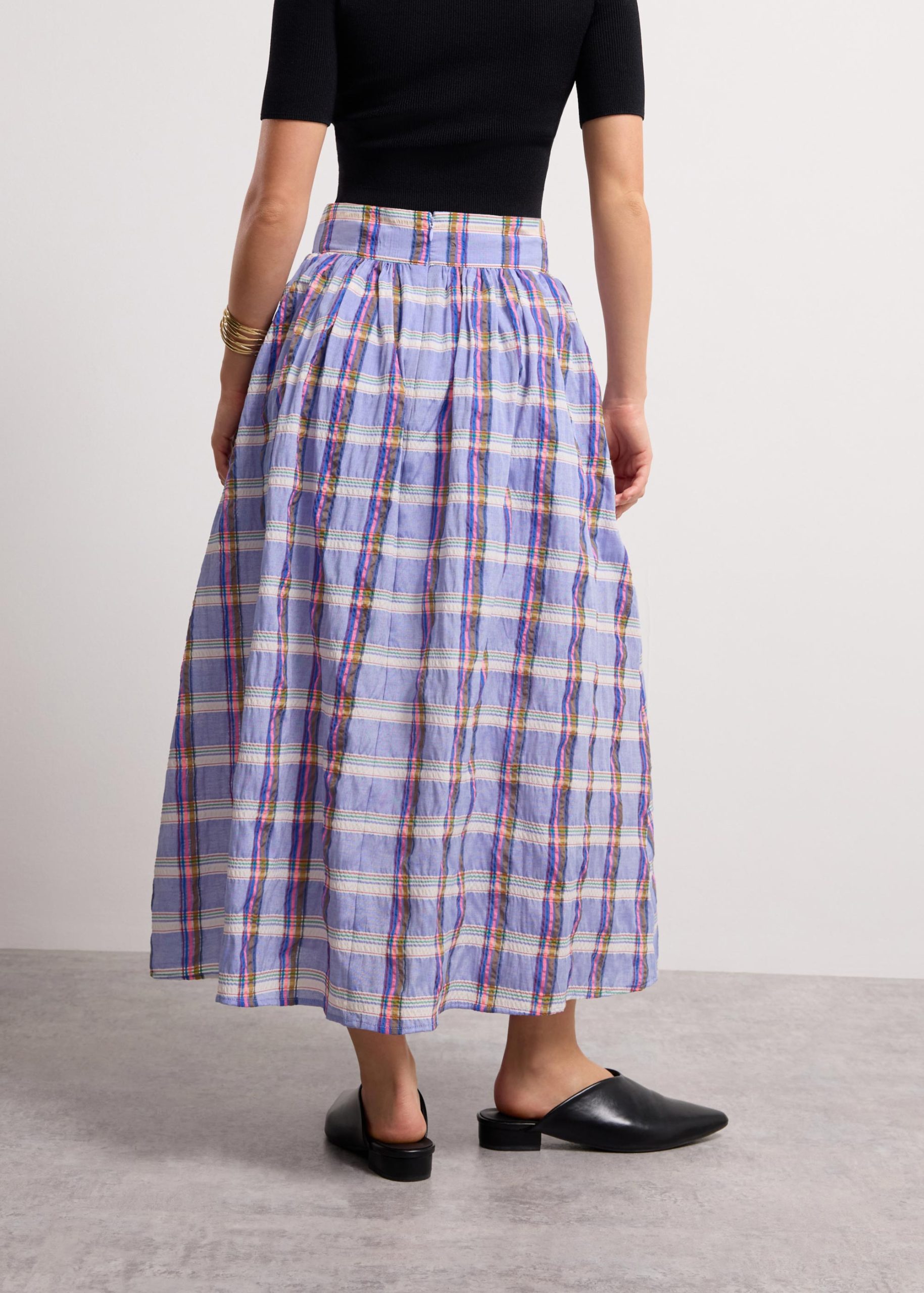 Crinkled Plaid High Waist Flare Midaxi Skirt - Image 5