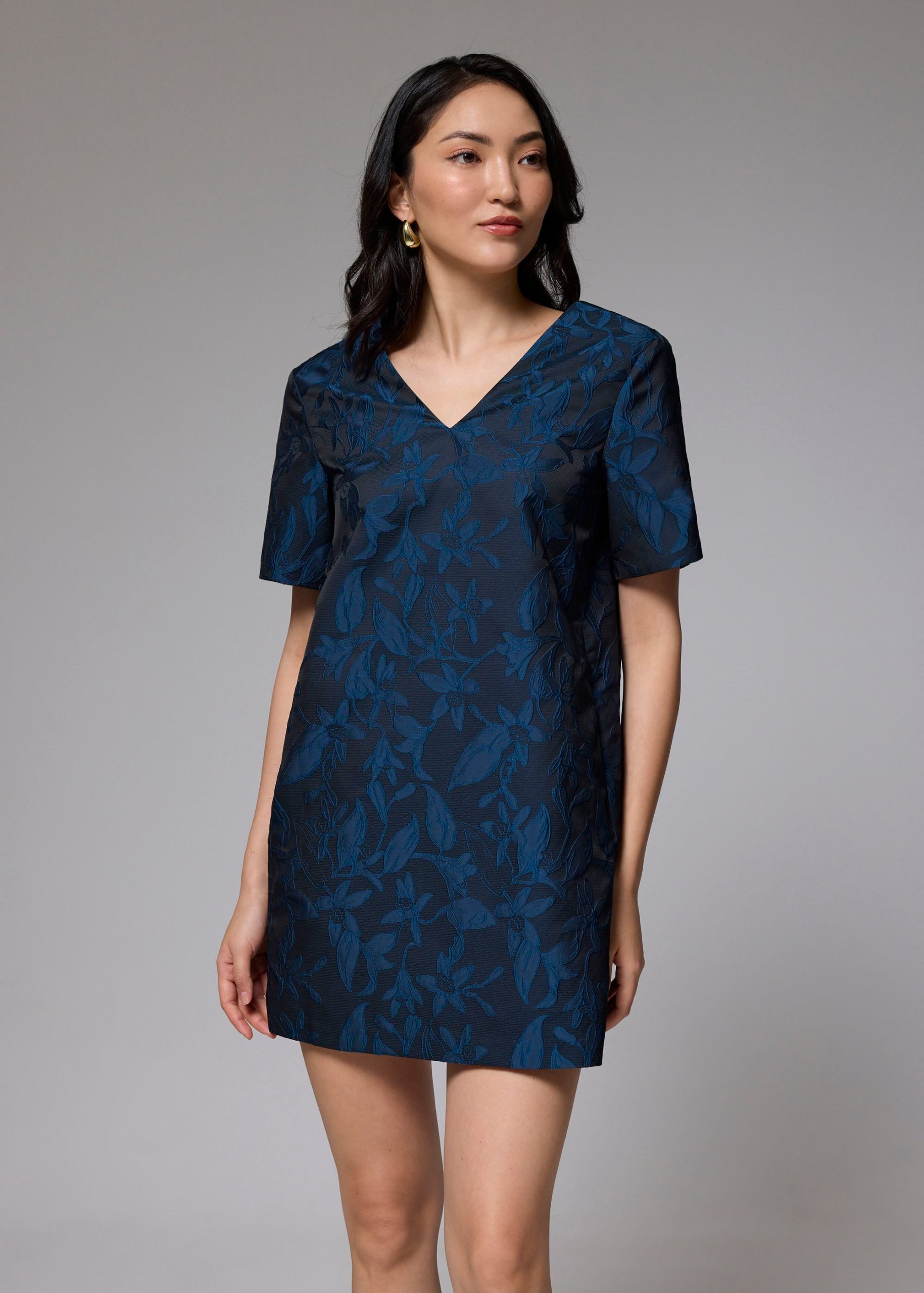 Brocade V-neck Shift Mini Dress