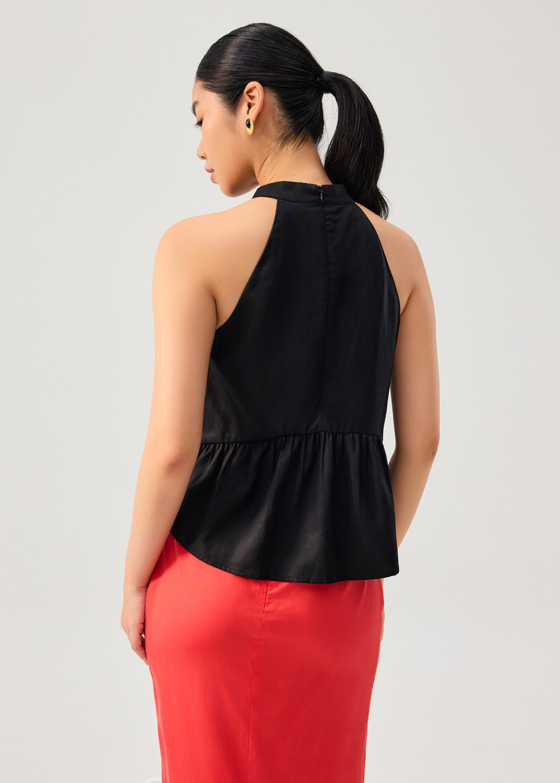 Lyocell Pleated Front Tie Mandarin Collar Peplum Shell Top - Image 9