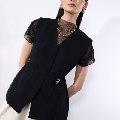 Ji-woo Relaxed Belted Shoulder Padded Crepe Longline Vest