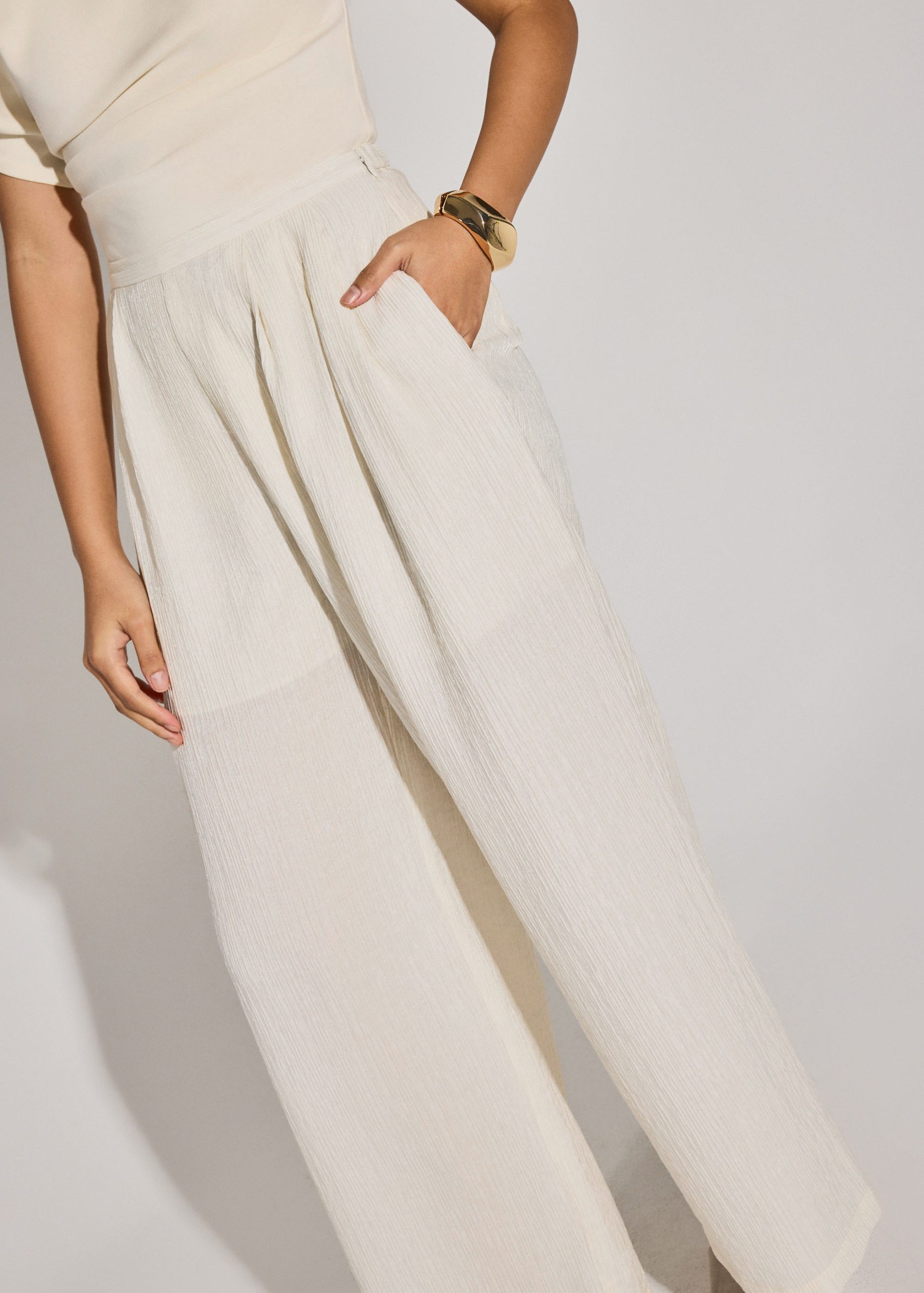 Elastic Textured Lyocell Mid Waist Straight Leg Pants - Image 9