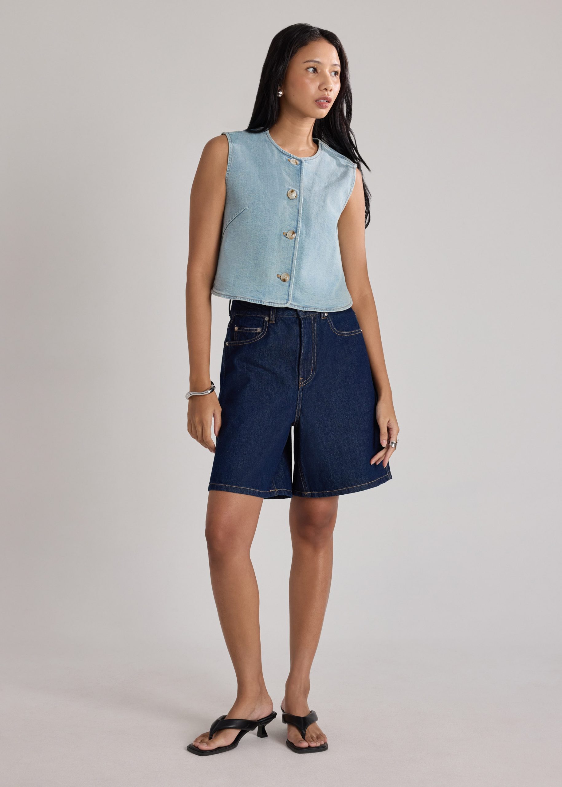 Relaxed Denim Round Neck Button Down Vest Top - Image 12