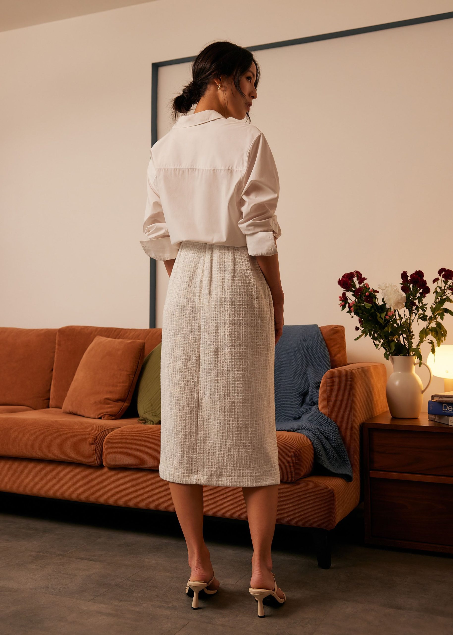 High Waist Tweed Column Midi Skirt - Image 6