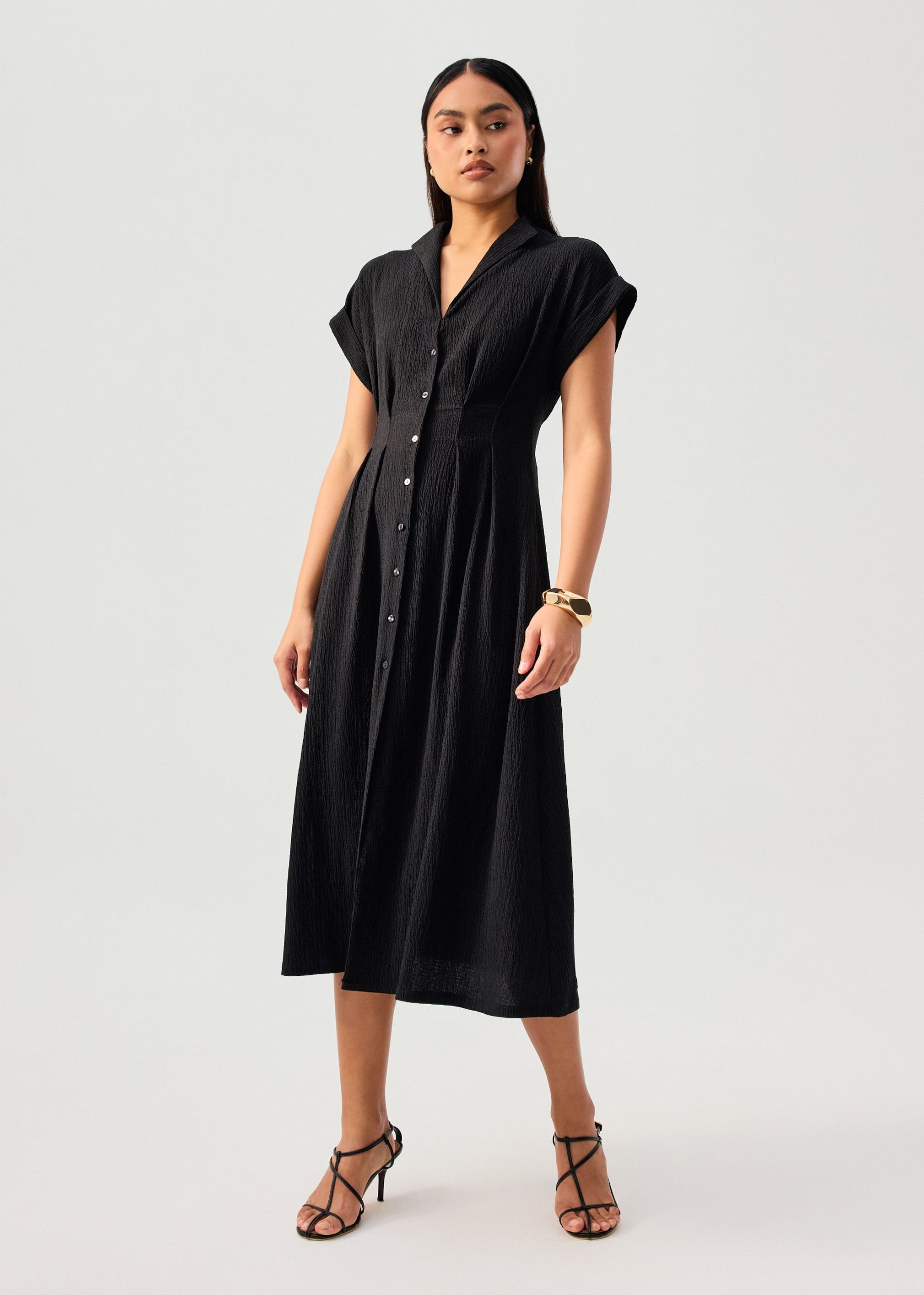 Crinkled Collared Button Down Fit & Flare Midi Dress - Image 2