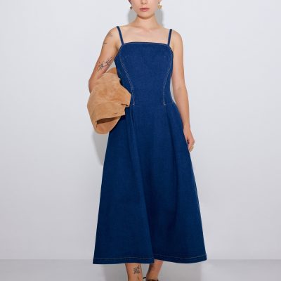 Denim Panelled Straight Neck Fit & Flare Midaxi Dress