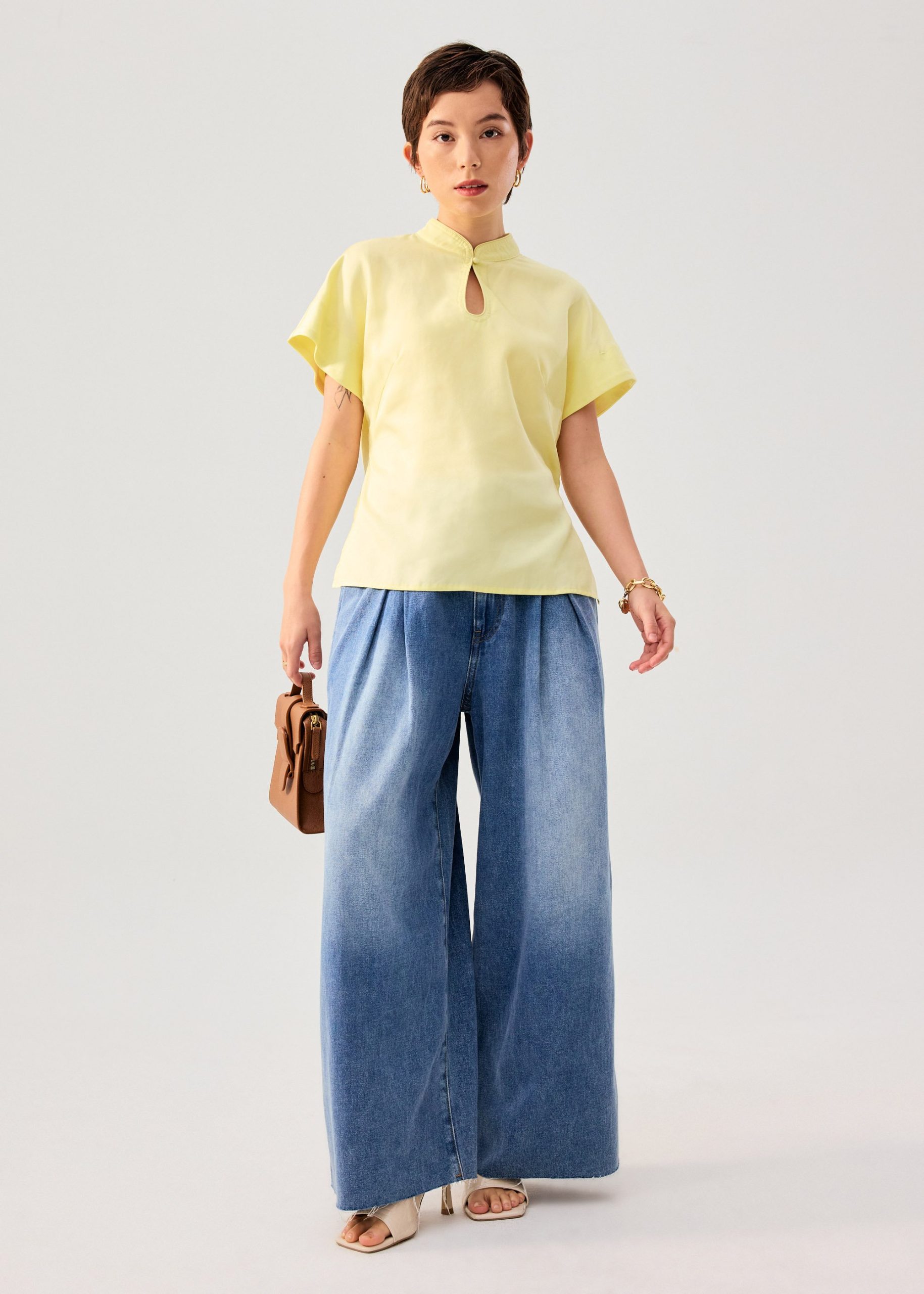 Lyocell Mandarin Collar Drop Shoulder Top - Image 10