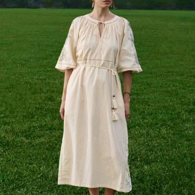 Cotton Trapeze Dress With Sash in Coastal Charm Embroidery