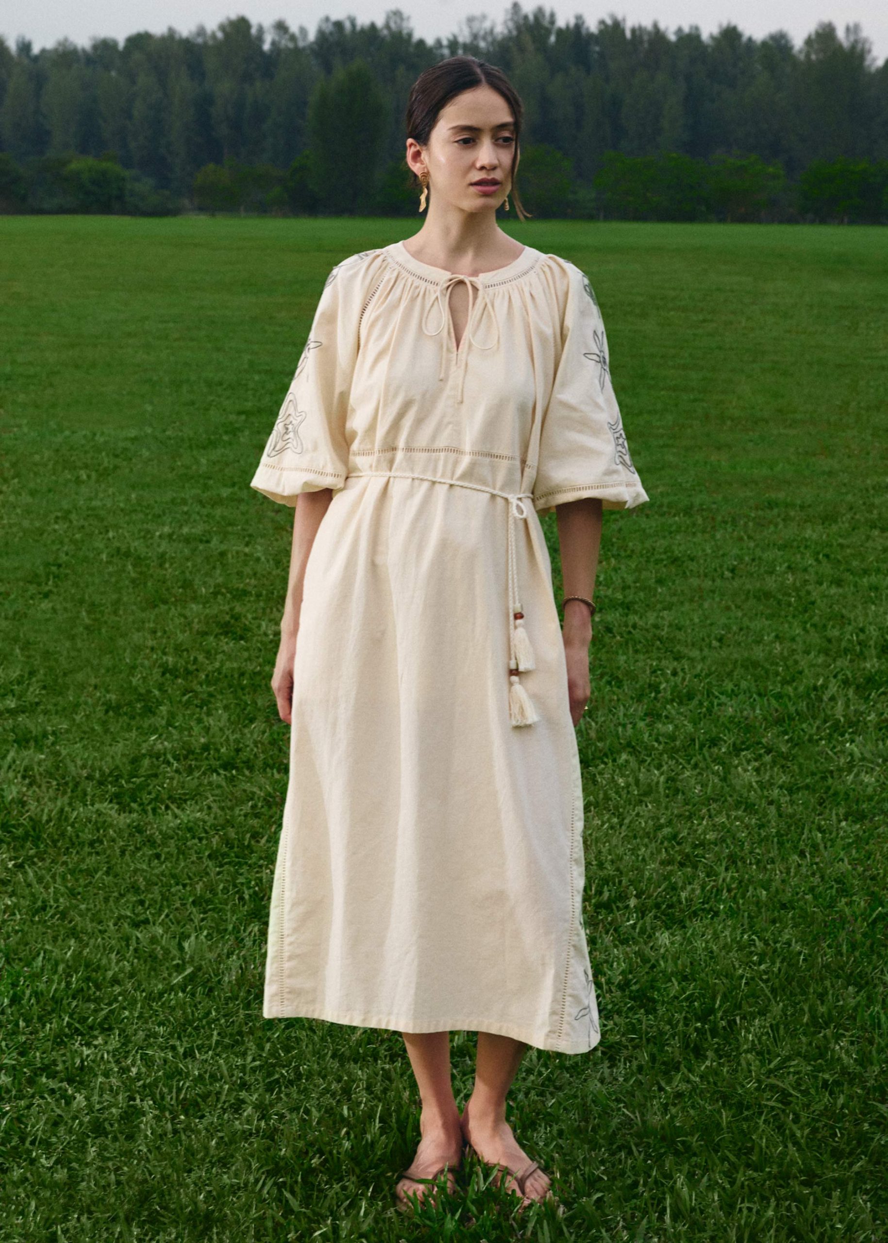 Cotton Trapeze Dress With Sash in Coastal Charm Embroidery