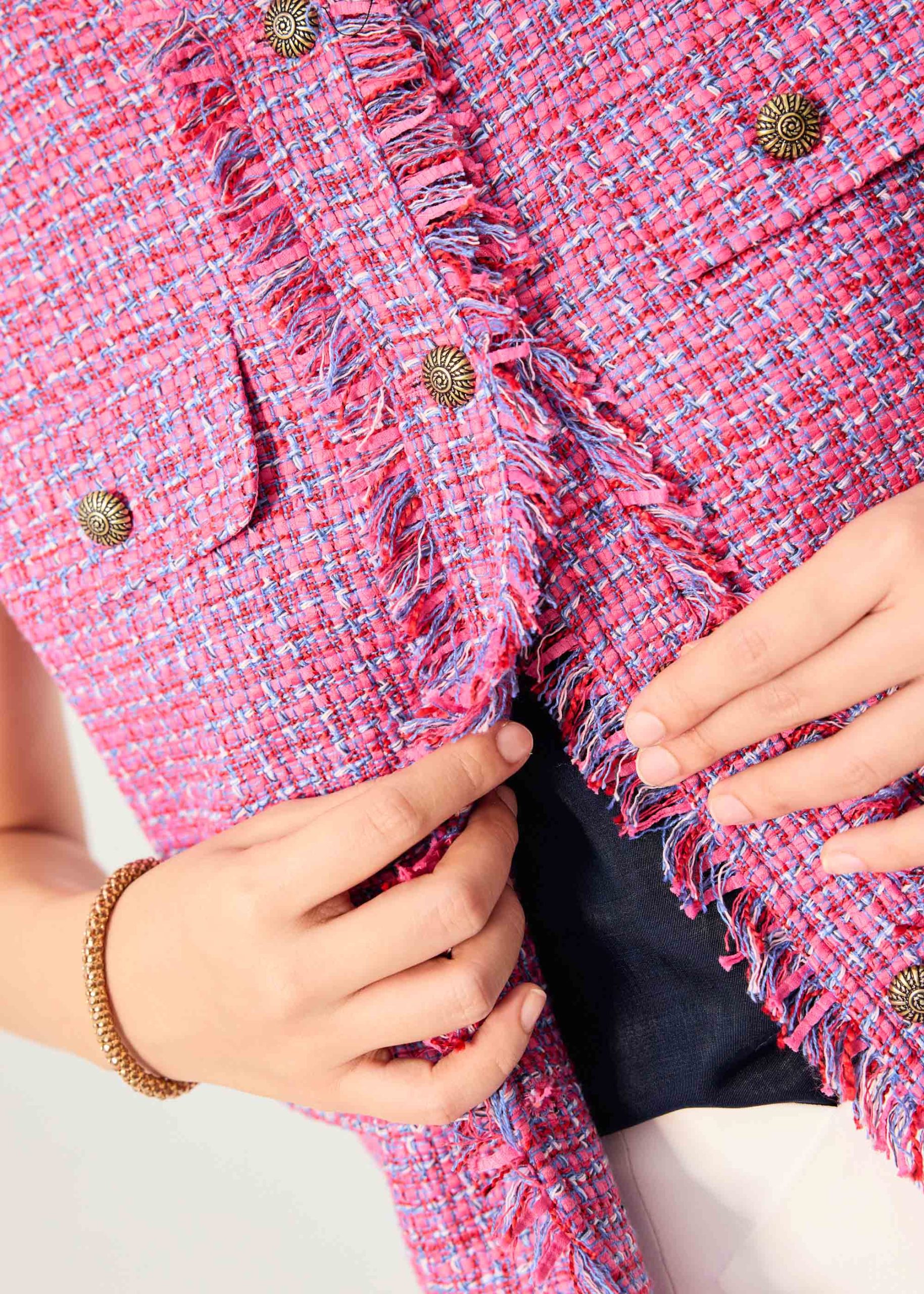 Oversized Tweed Frayed Hem Round Neck Vest - Image 3