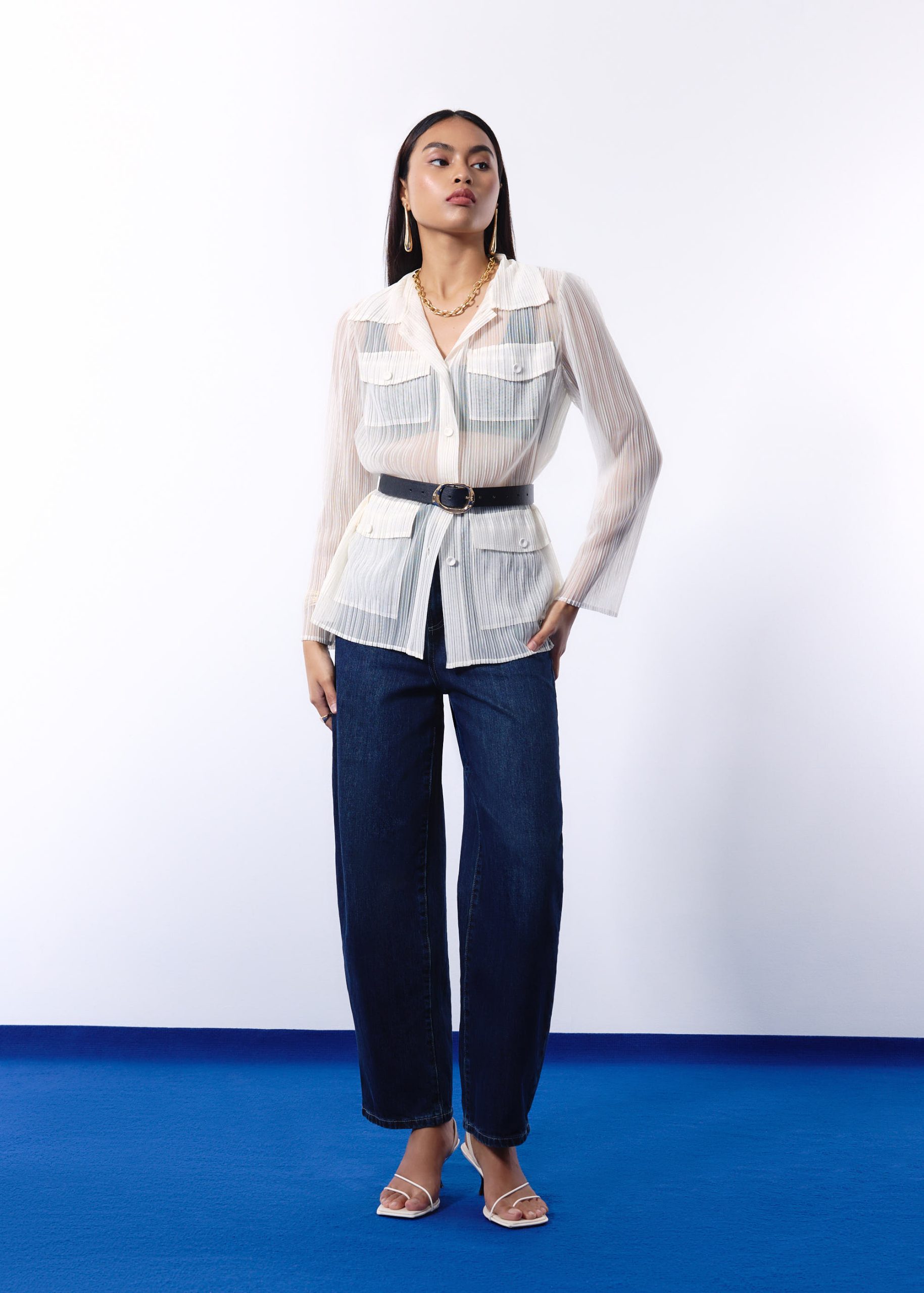 Sheer Plisse Collared Button Down Shirt - Image 8