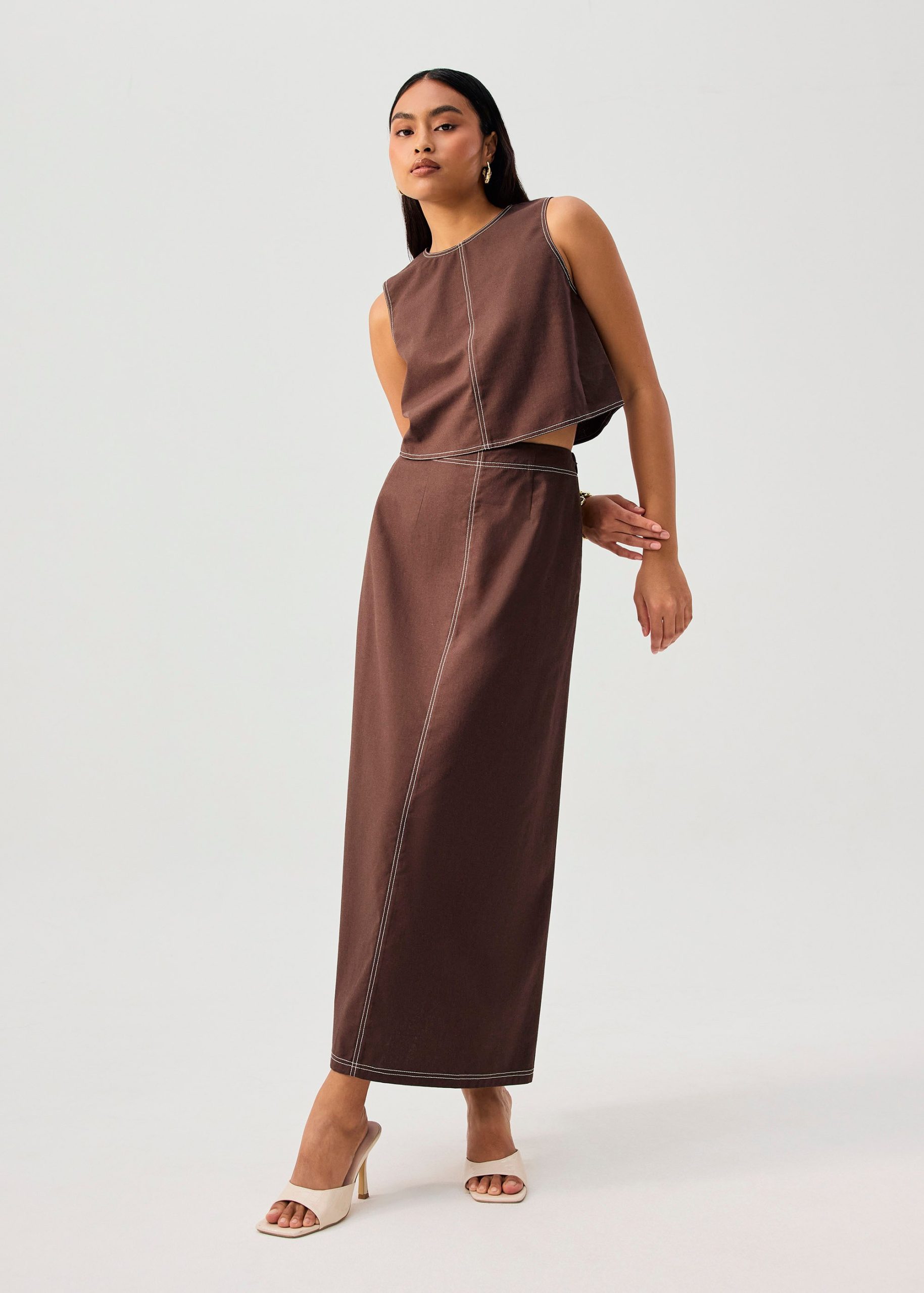 Elastic Contrast Stitch High Waist A-line Maxi Skirt - Image 21
