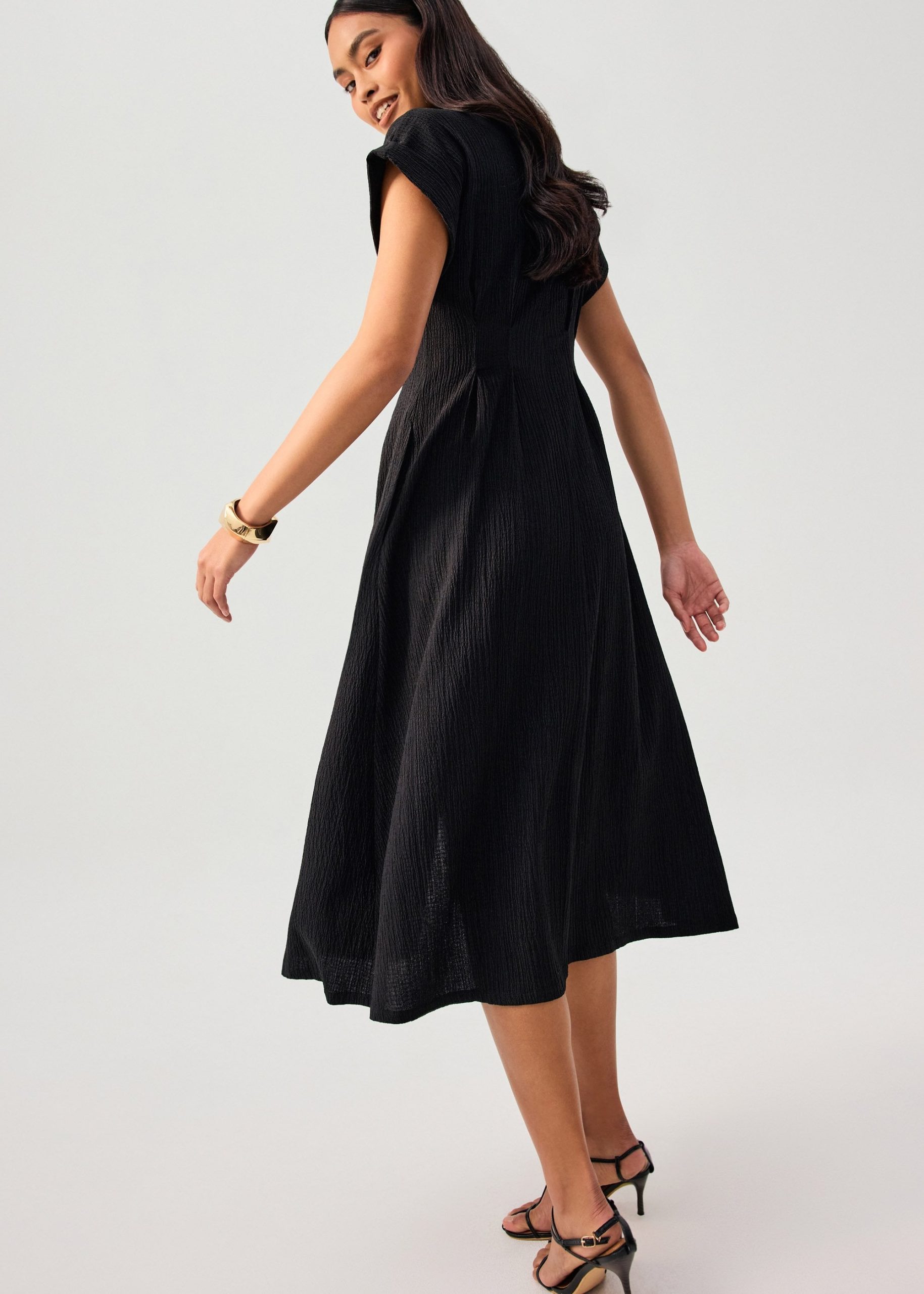 Crinkled Collared Button Down Fit & Flare Midi Dress - Image 3