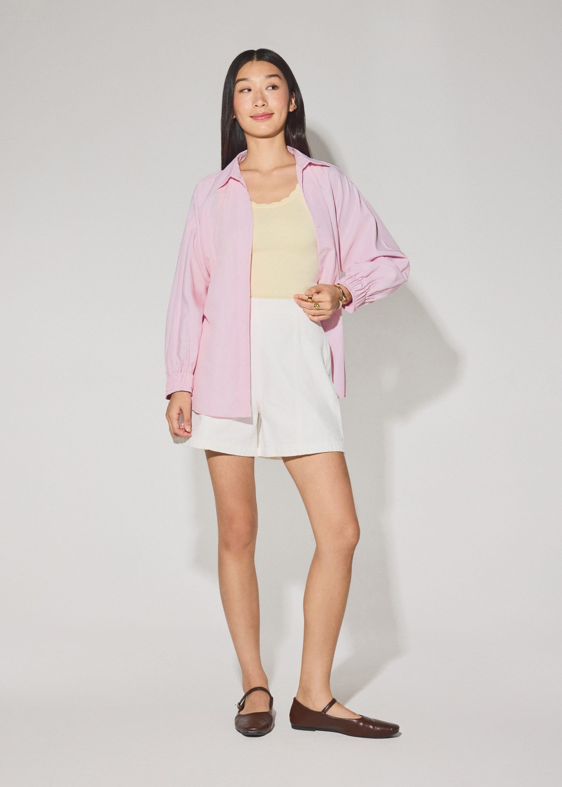 Striped Cotton Collared Puff Sleeve Button Down Top - Image 11