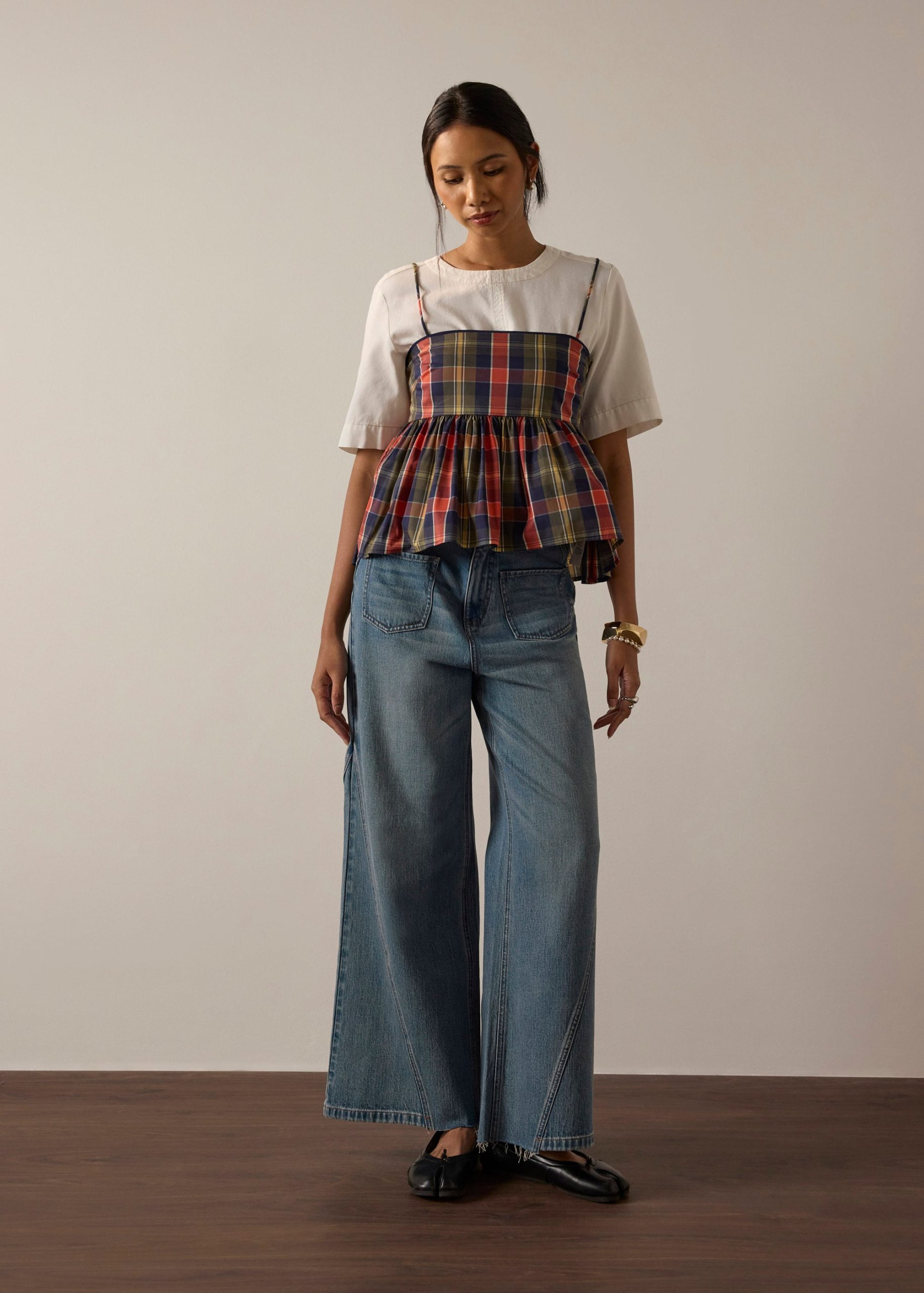 Checkered Cotton Peplum Camisole - Image 6