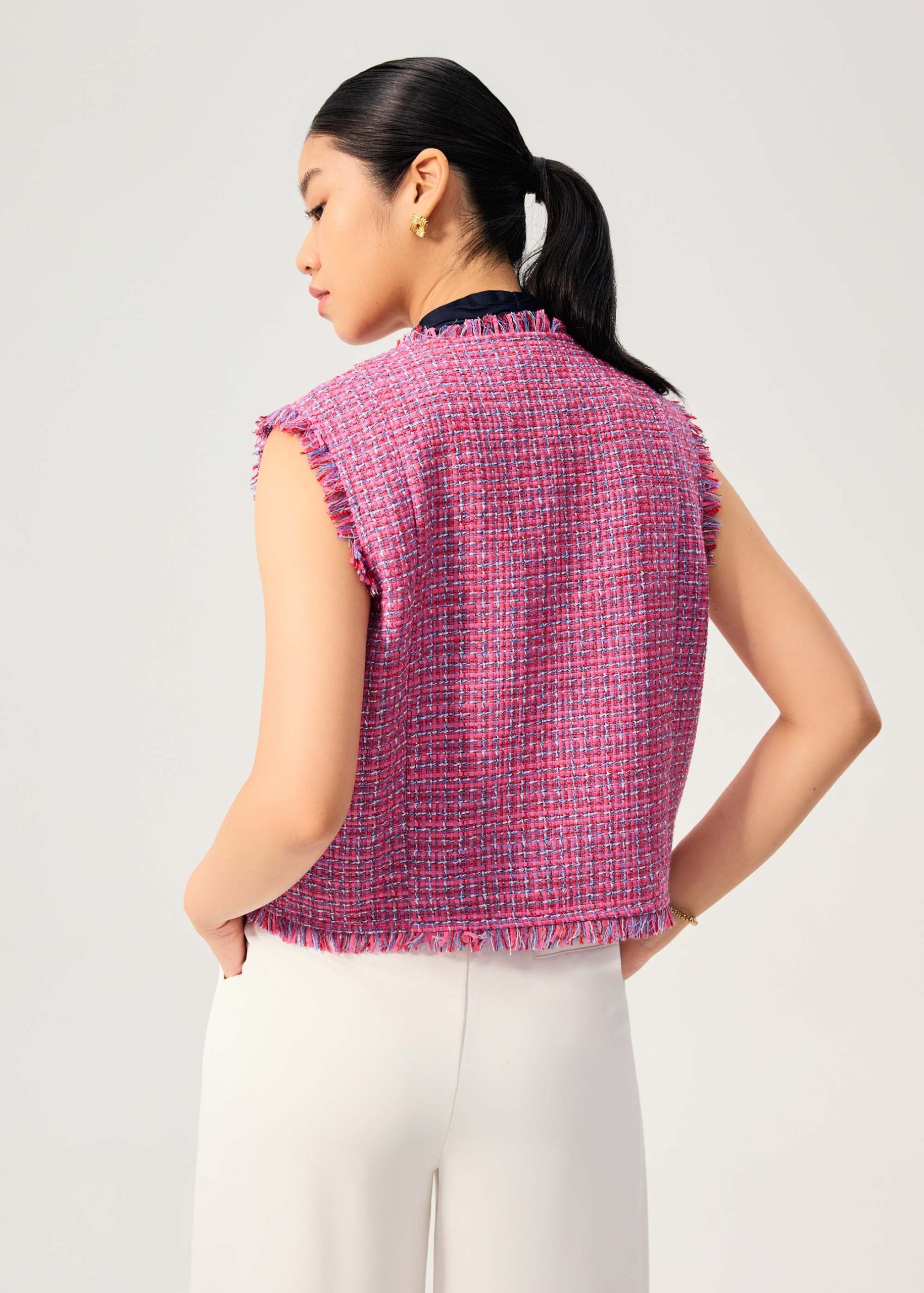 Oversized Tweed Frayed Hem Round Neck Vest - Image 5
