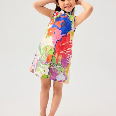 Girls' Scallop Edge Mandarin Collar Shift Midi Dress in Vivid Blooms