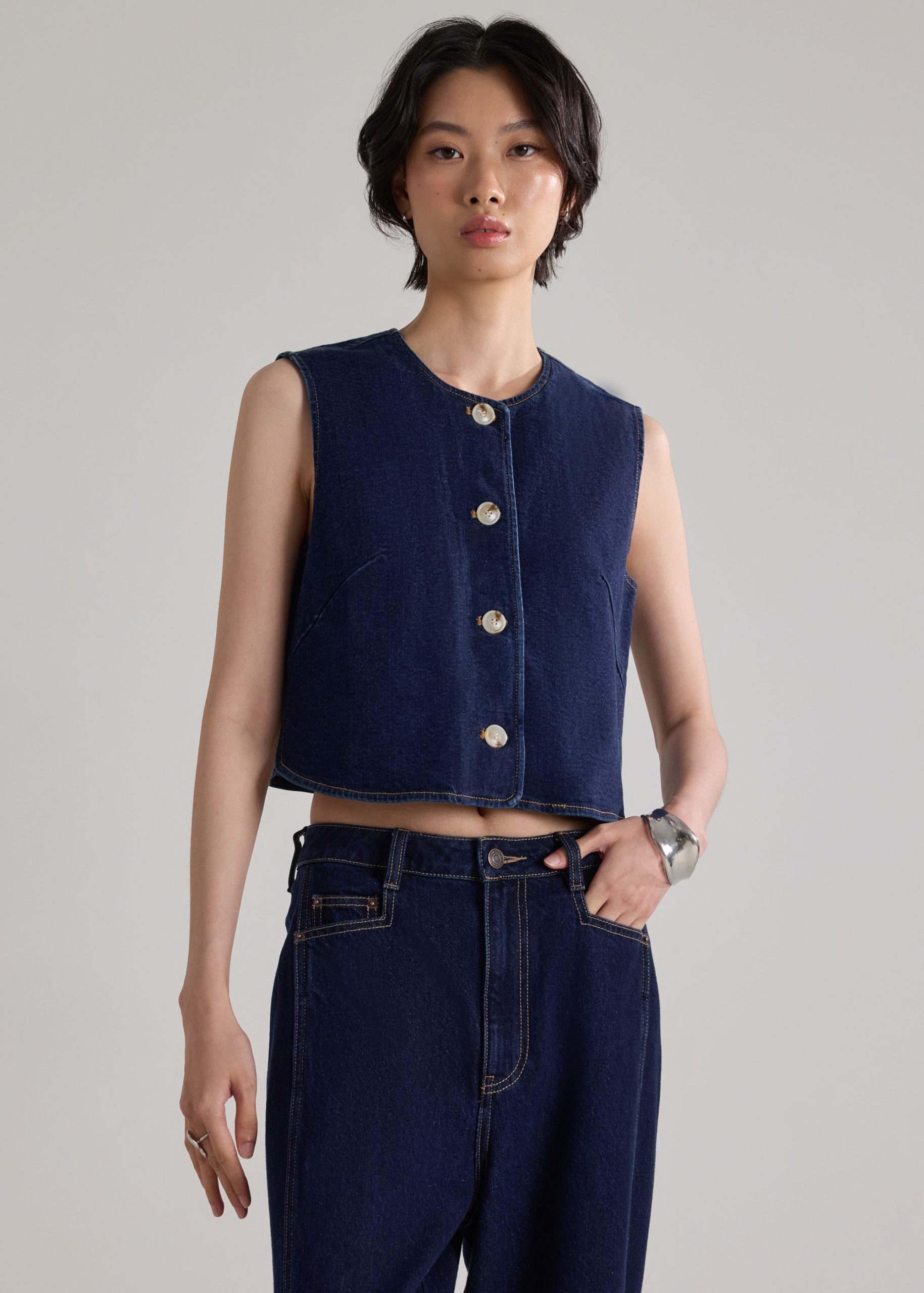 Relaxed Denim Round Neck Button Down Vest Top - Image 3