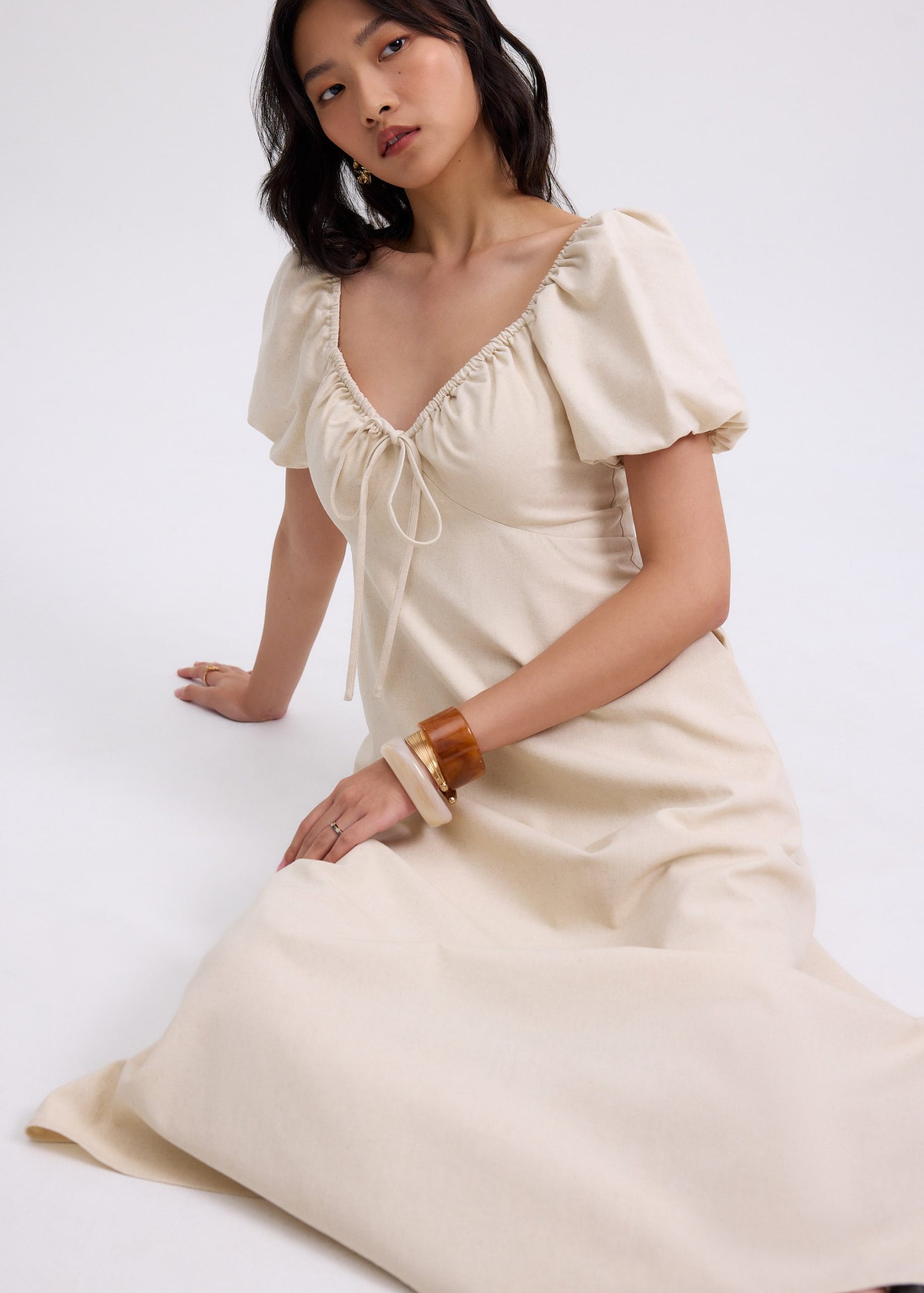 BraFree by LB Linen Sweetheart Puff Sleeve Midaxi Dress - Image 5