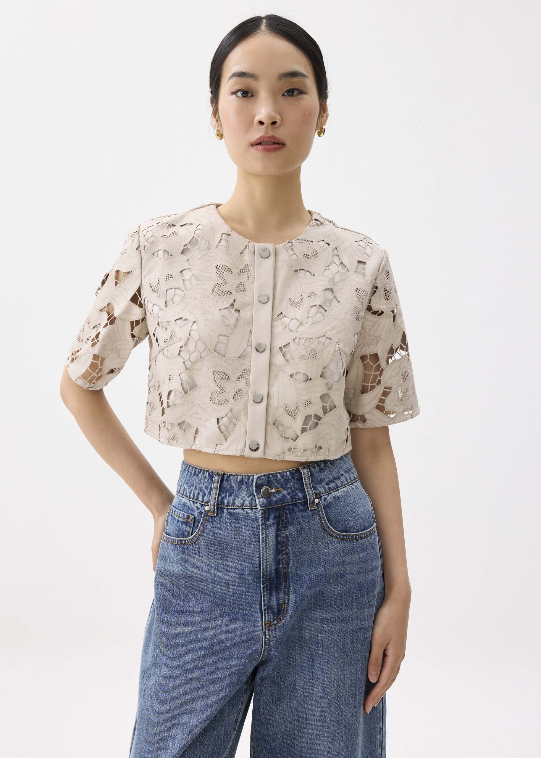 Relaxed Vegan Leather Lace Crop Top - Image 8