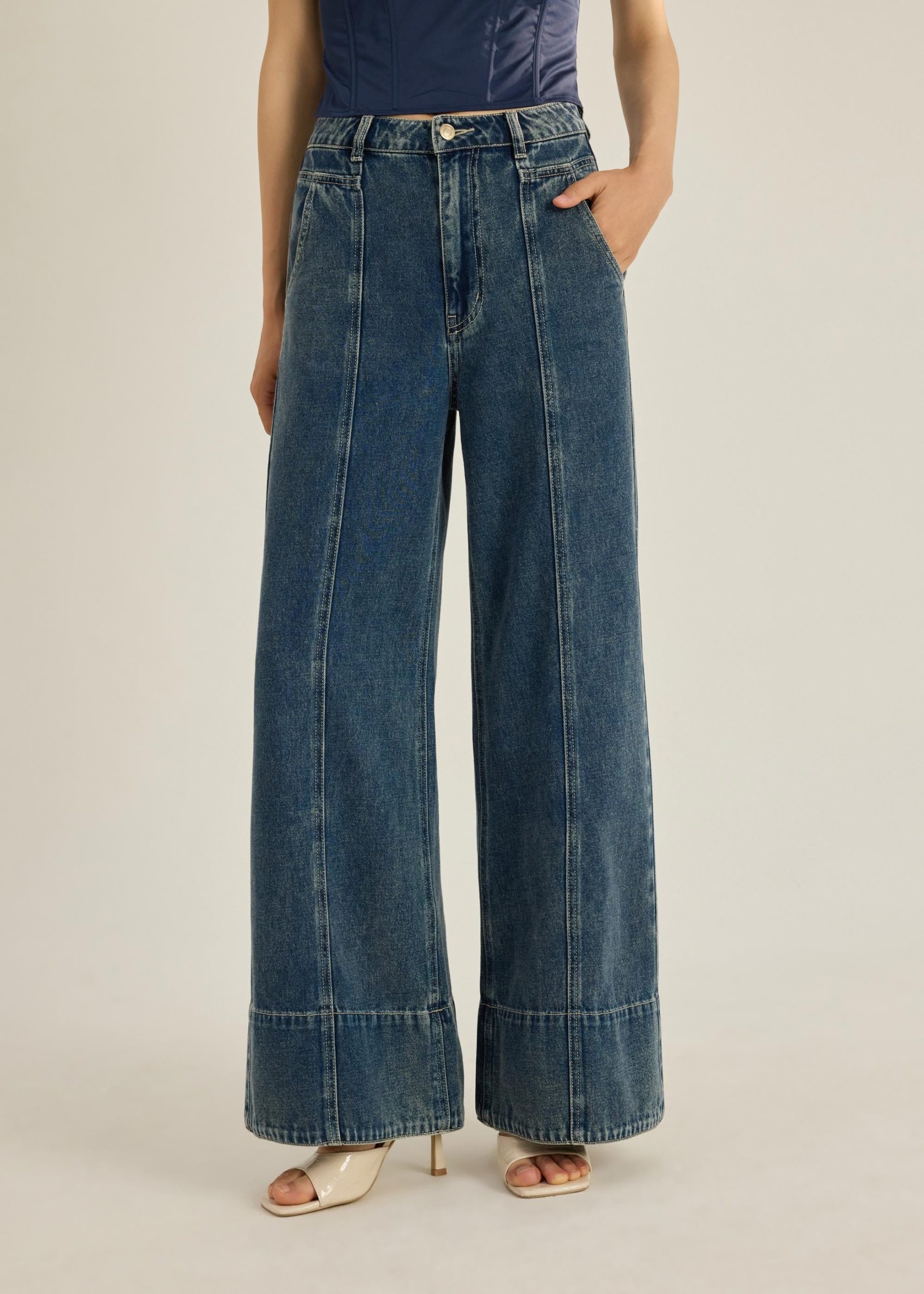 Leggy??Denim Panelled Wide Leg Jeans