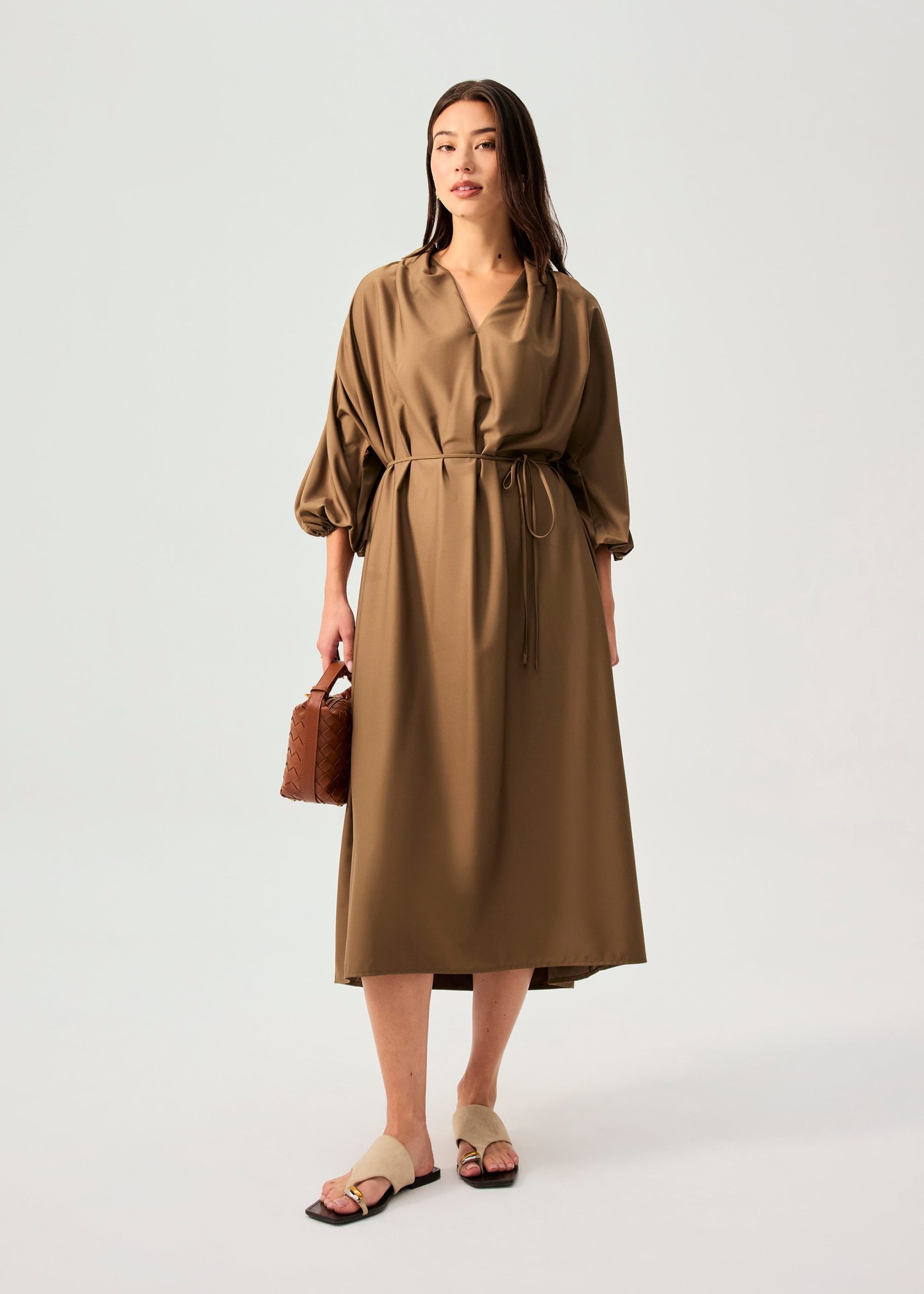 Detachable Sash Tie Puff Sleeve Cocoon Midaxi Dress - Image 8