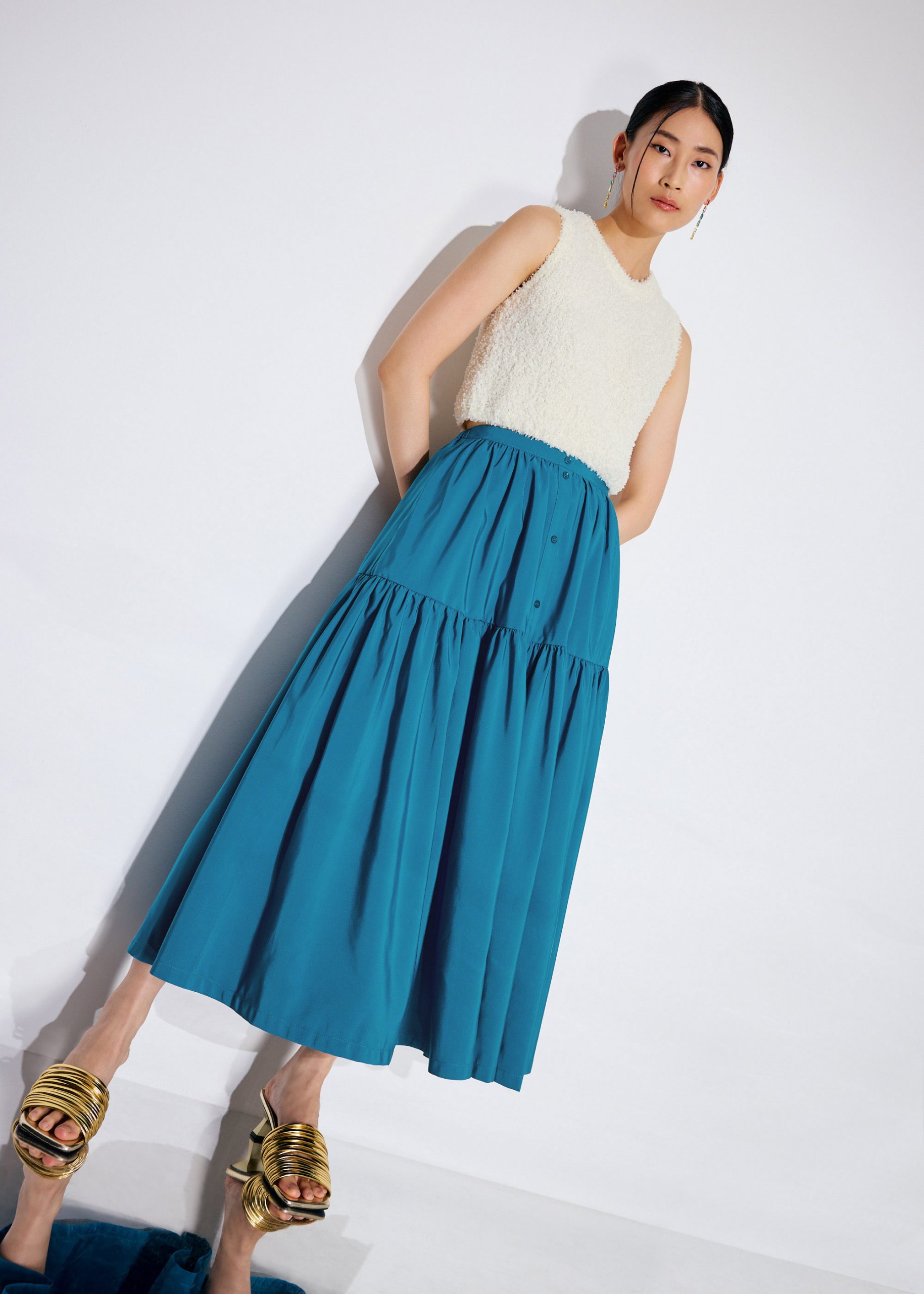 Elastic Tiered High Waist Flare Midaxi Skirt - Image 3