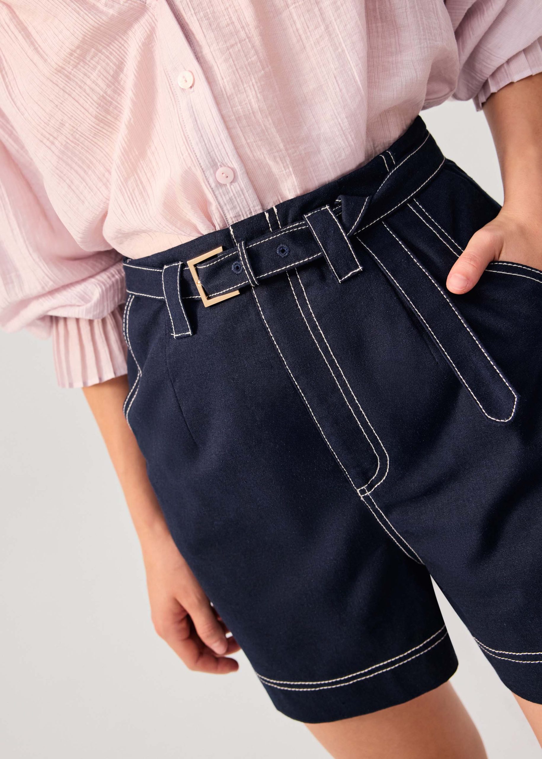 Belted Contrast Stitch High Waist Shorts - Image 7
