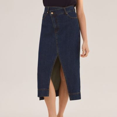 Denim Asymmetric Waistband Front Slit Column Midaxi Skirt
