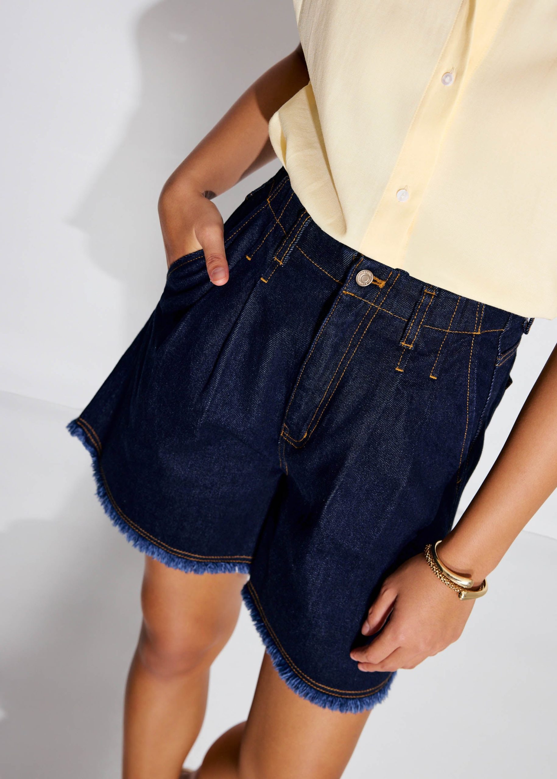 Denim Frayed Hem High Waist Bermuda Shorts