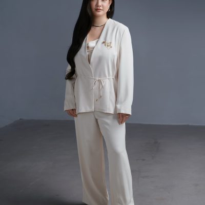 Love Bonito x AAGC Limited-edition RuchedReady® Moira Belted Collarless Blazer (in Tofu)