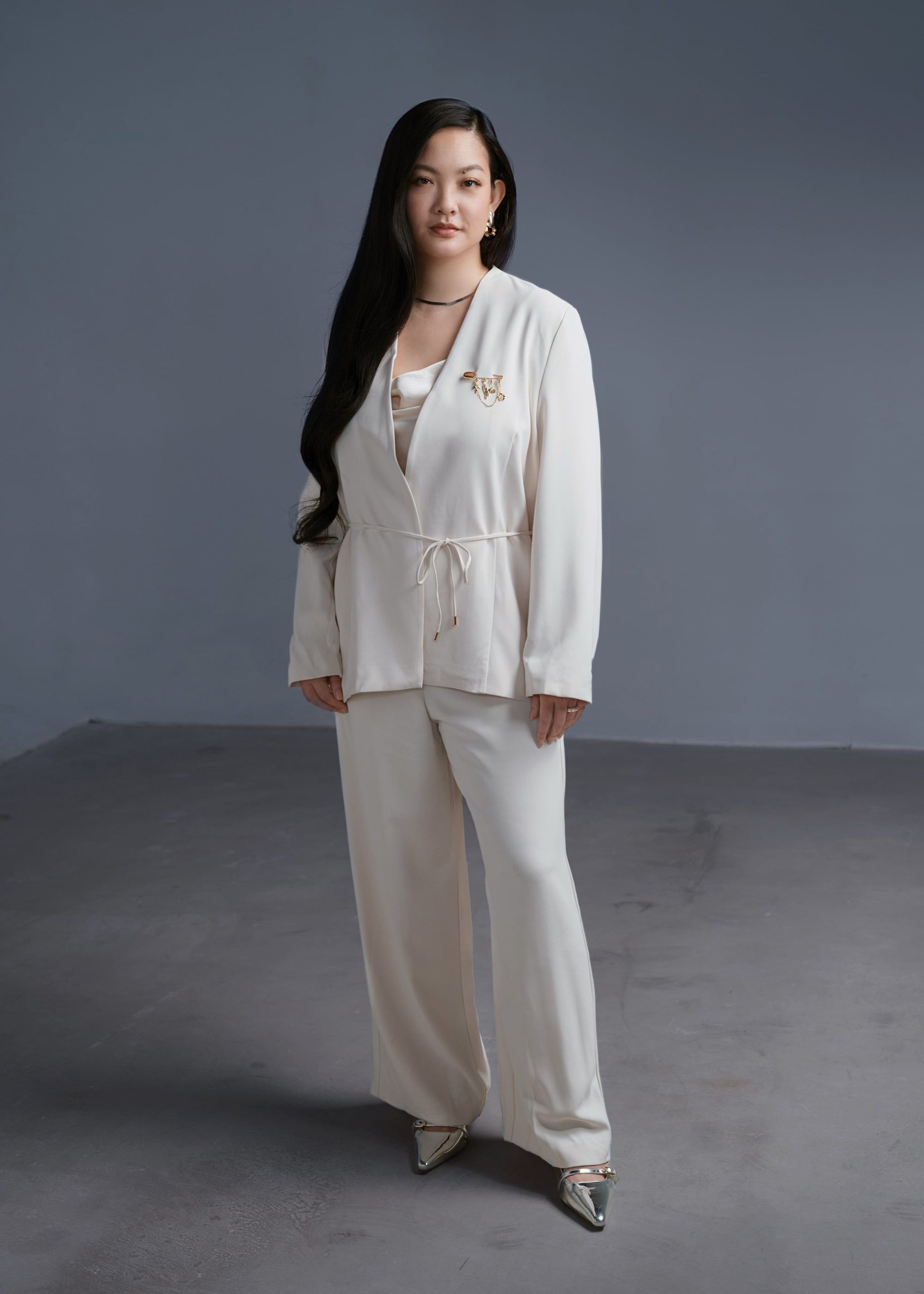 Love Bonito x AAGC Limited-edition RuchedReady® Moira Belted Collarless Blazer (in Tofu)