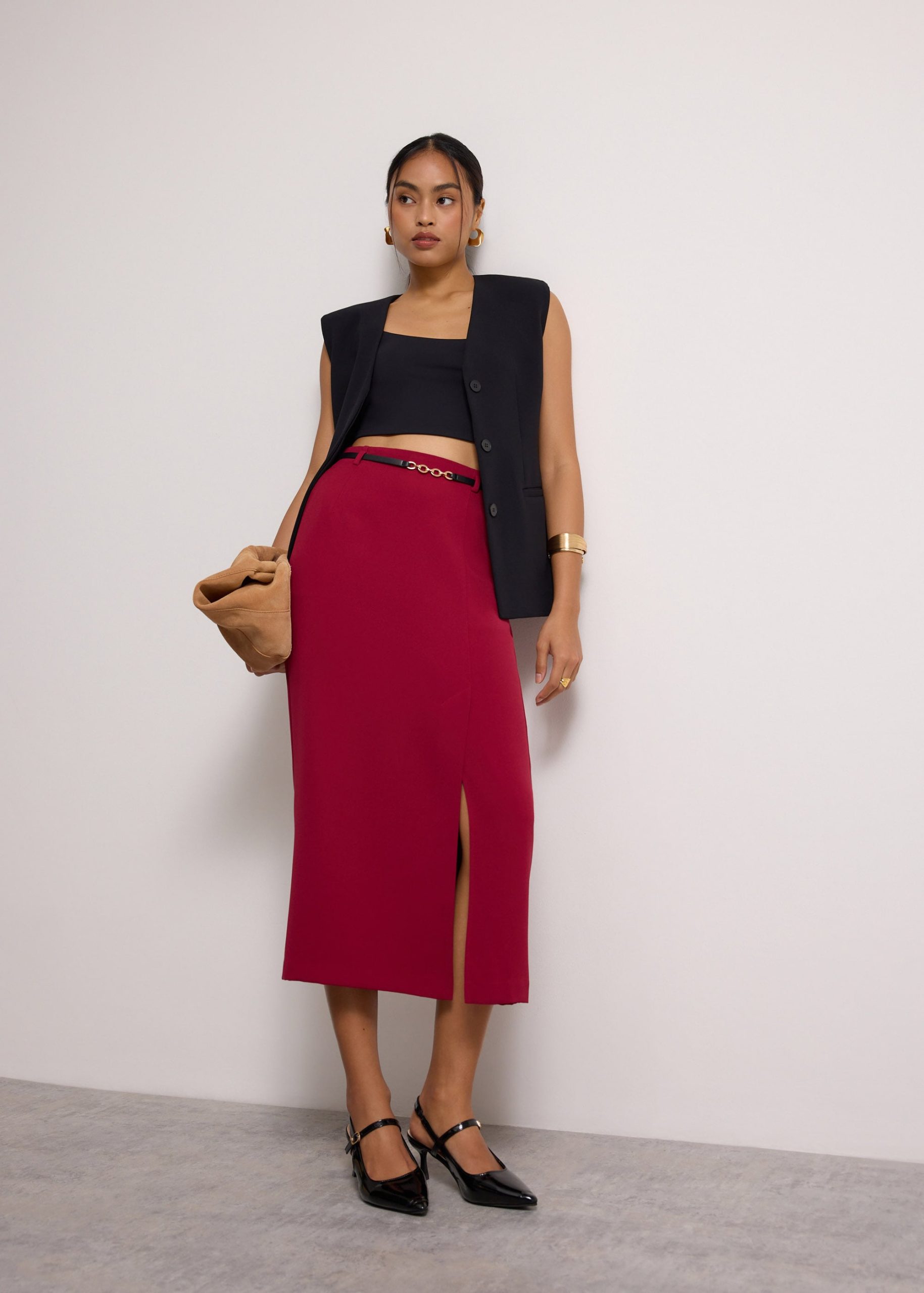 Emily Tailored Crepe Side Slit Column Midaxi Skirt - Image 10