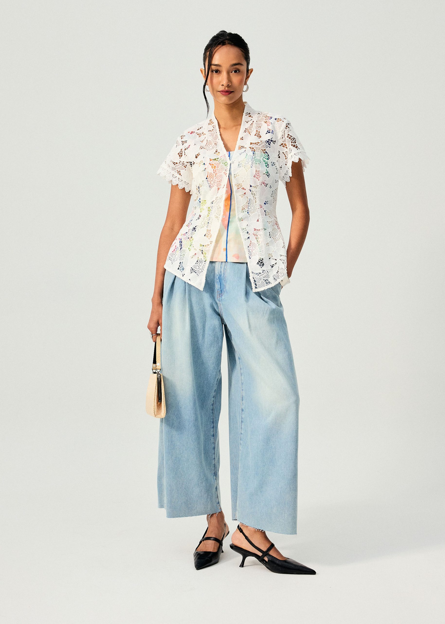 Denim Front Pleat Mid Waist Wide Leg Jeans - Image 2