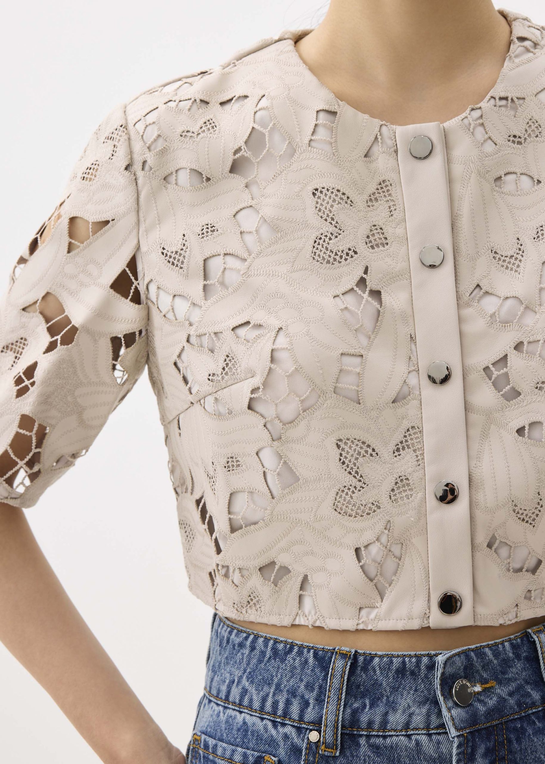 Relaxed Vegan Leather Lace Crop Top - Image 7