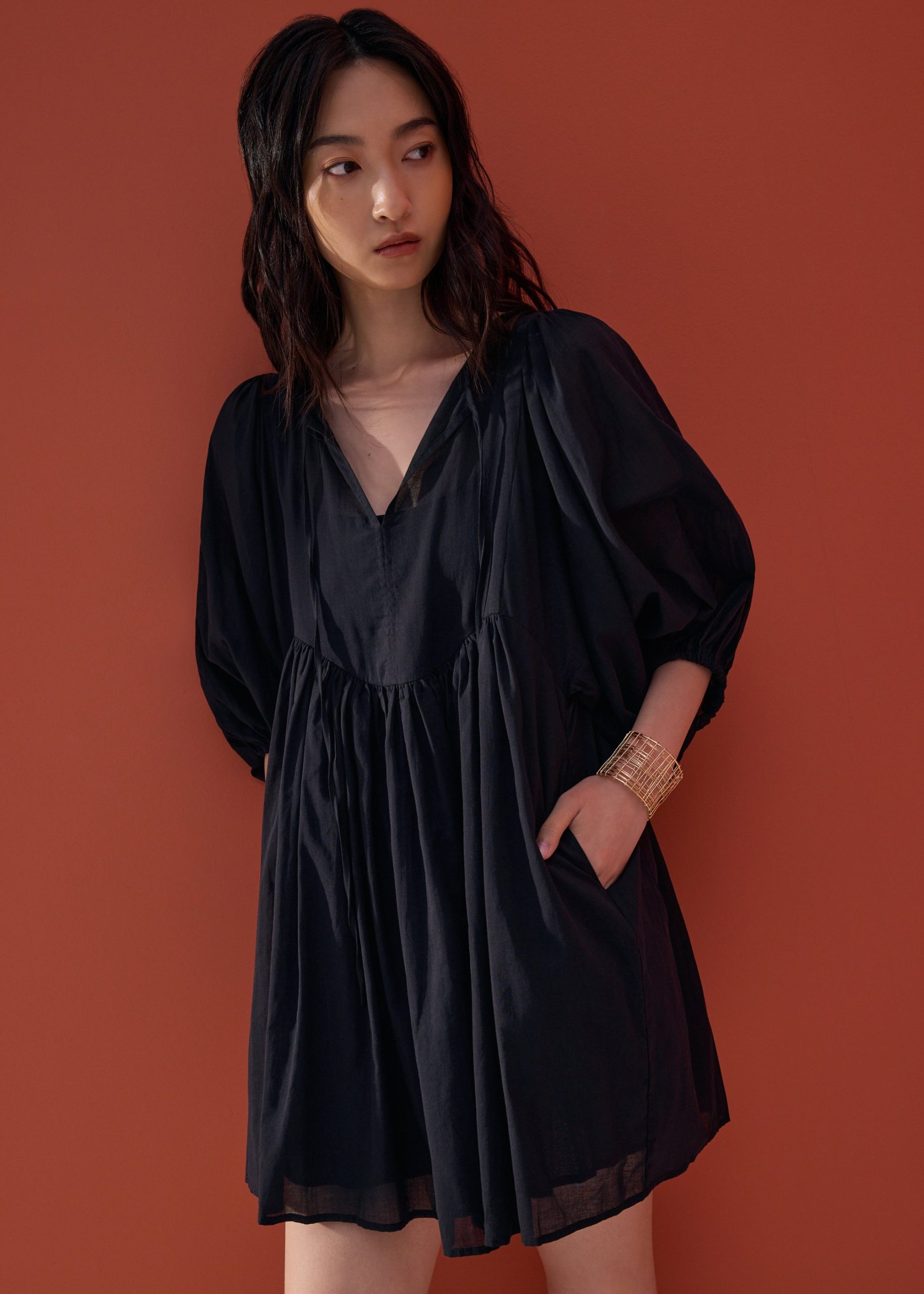 Cotton Puff Sleeve Babydoll Swing Mini Dress in Oasis Flow - Image 2