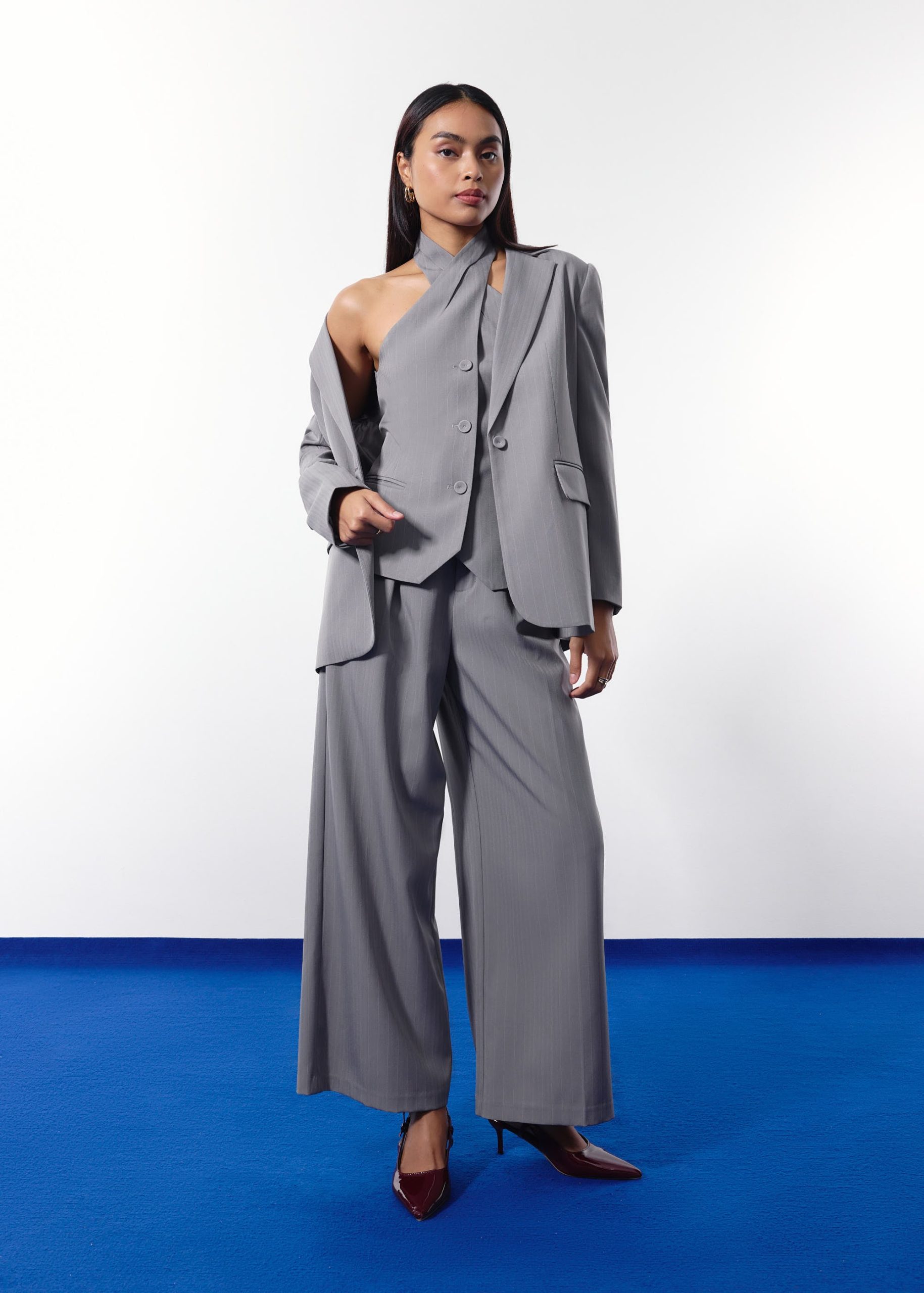 Akira Tailored Pinstripe Cross Over Halter Top - Image 3