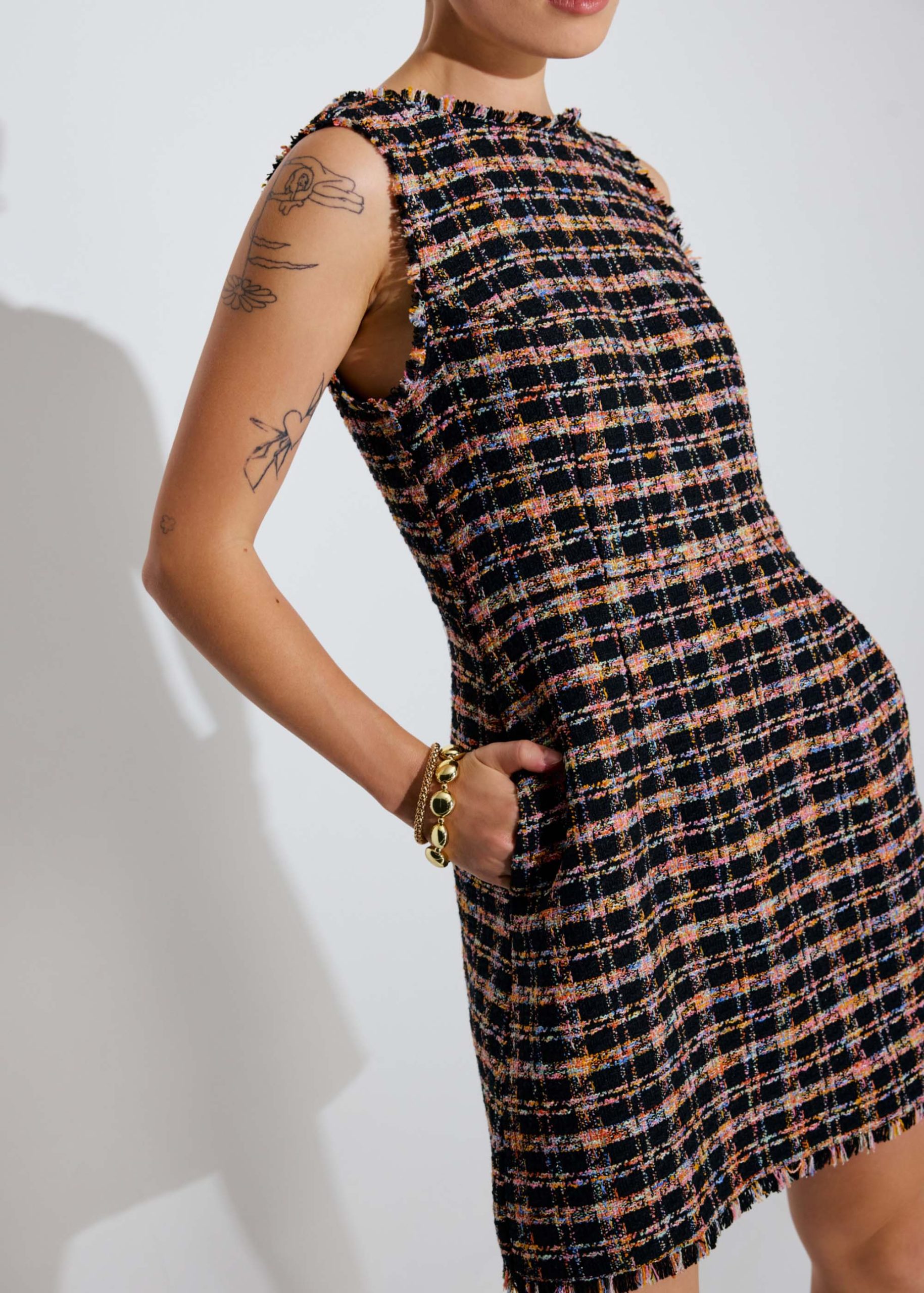 Tweed Boat Neck A-Line Mini Dress - Image 3
