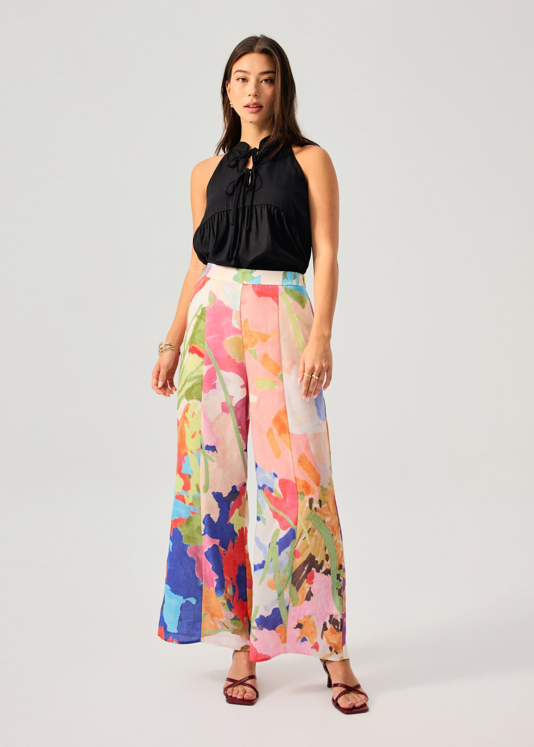 Elastic Panelled Mid Waist Wide Leg Pants in Vivid Blooms - Image 4