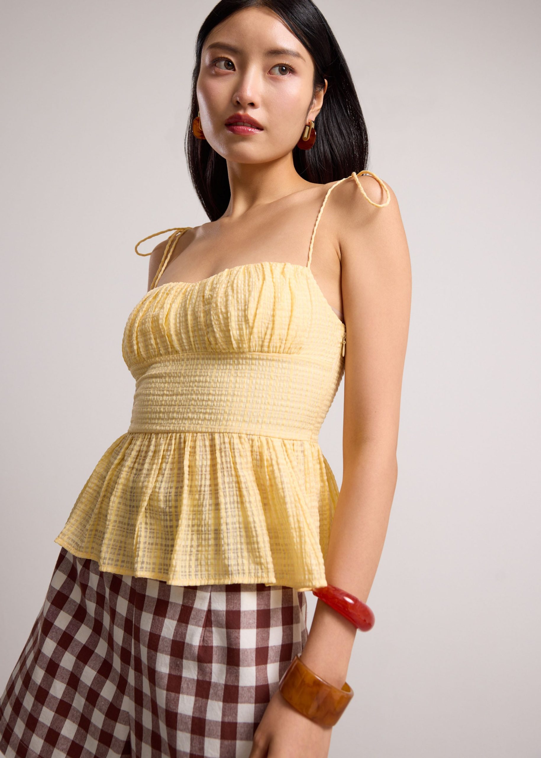 Crinkled Check Lyocell Sweetheart Camisole Peplum Top - Image 7