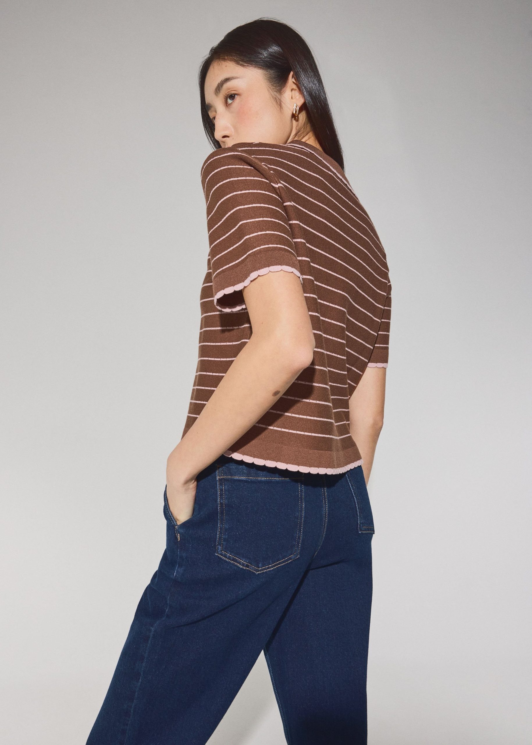 Relaxed Striped Knit Collared Button Down Top - Image 10