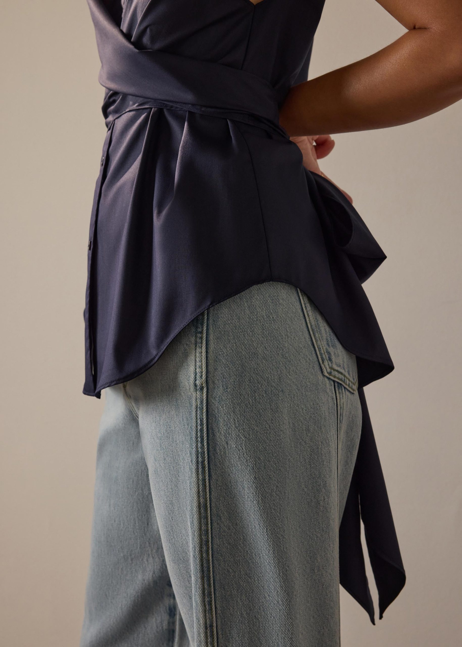 Ziyi Poplin Front Wrap Mandarin Collar Shirt - Image 10