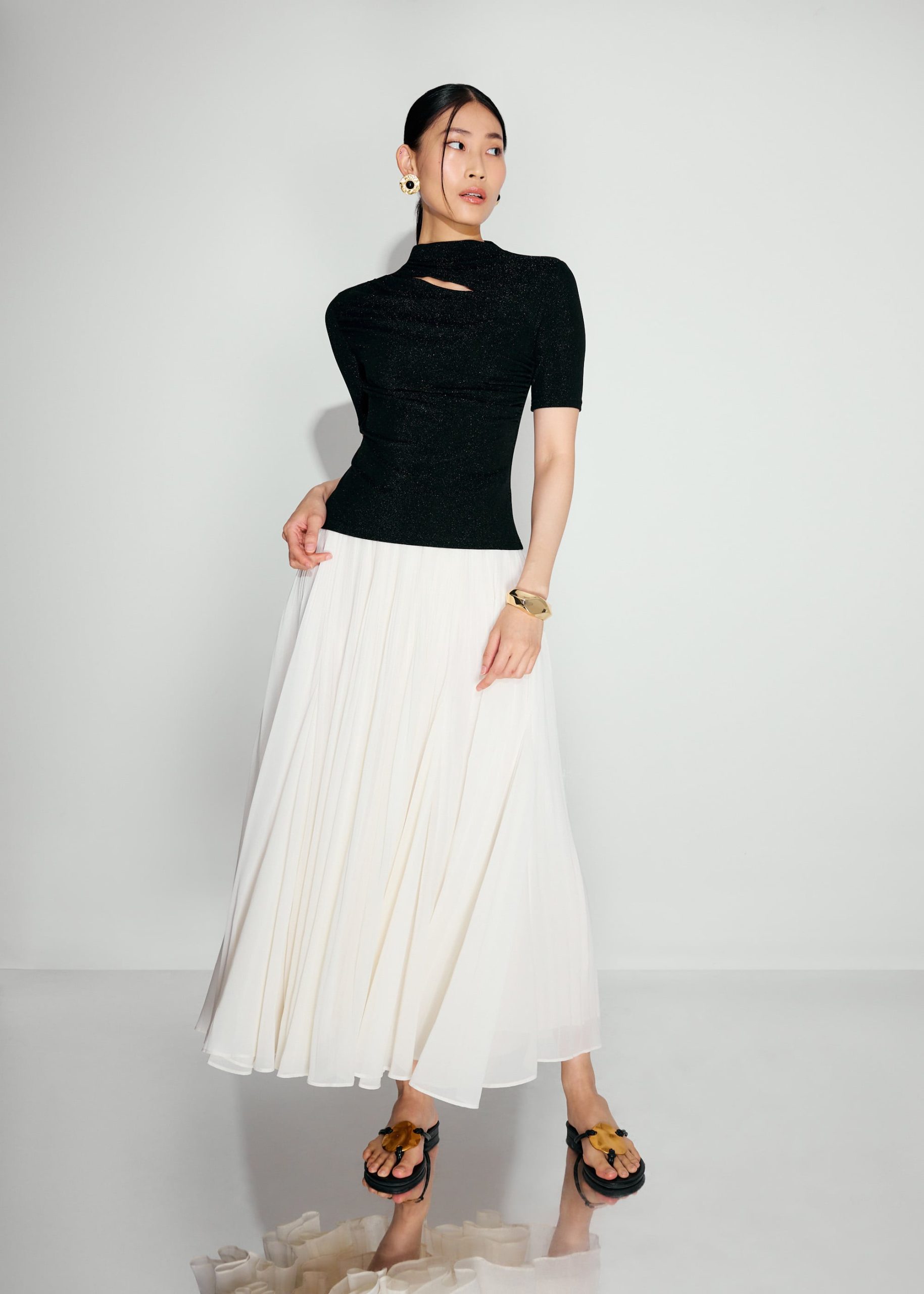 Lurex Jersey Cut Out Mock Neck Fitted Top - Image 4