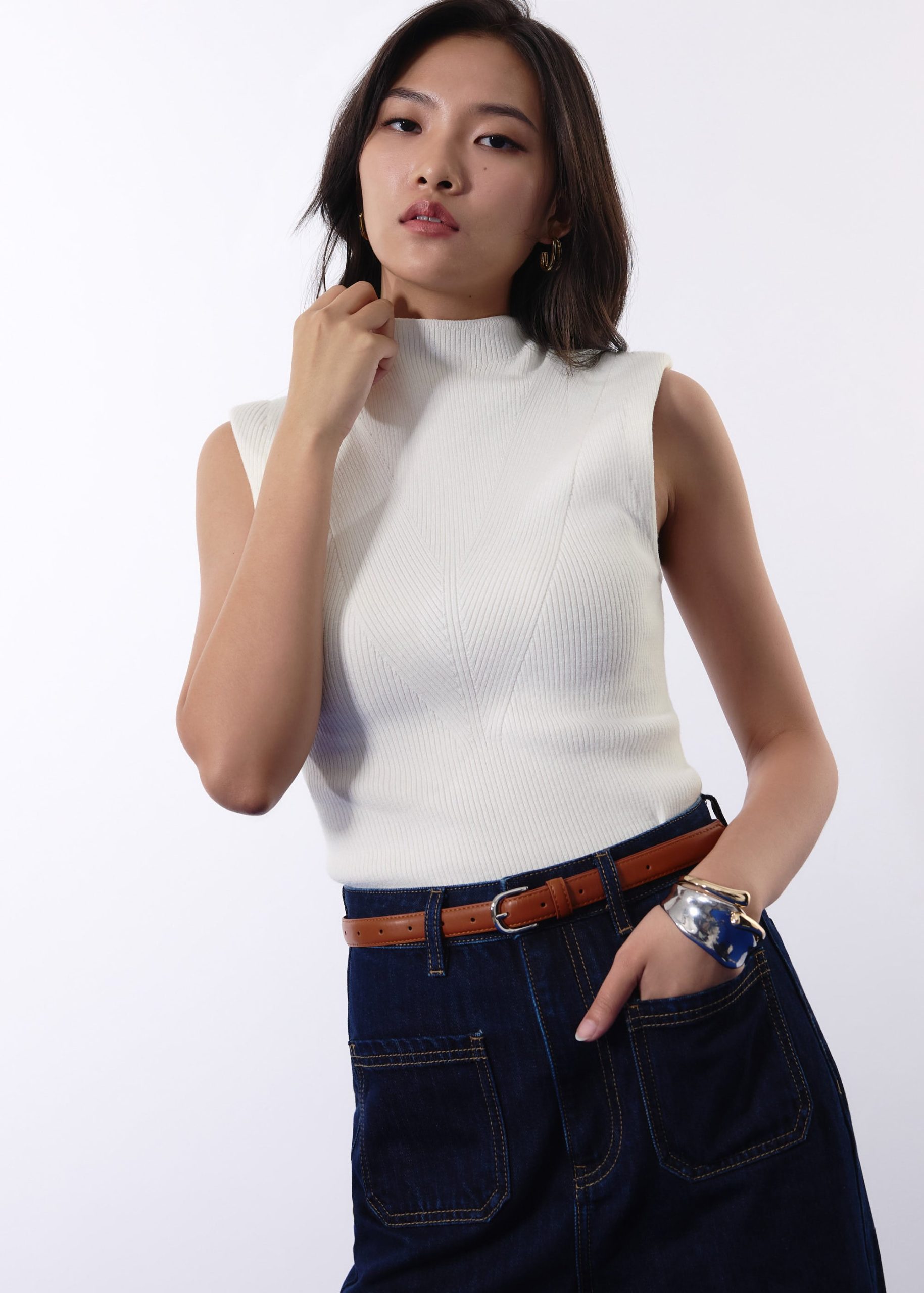 Rae Shoulder Padded Knit Mock Neck Top - Image 6