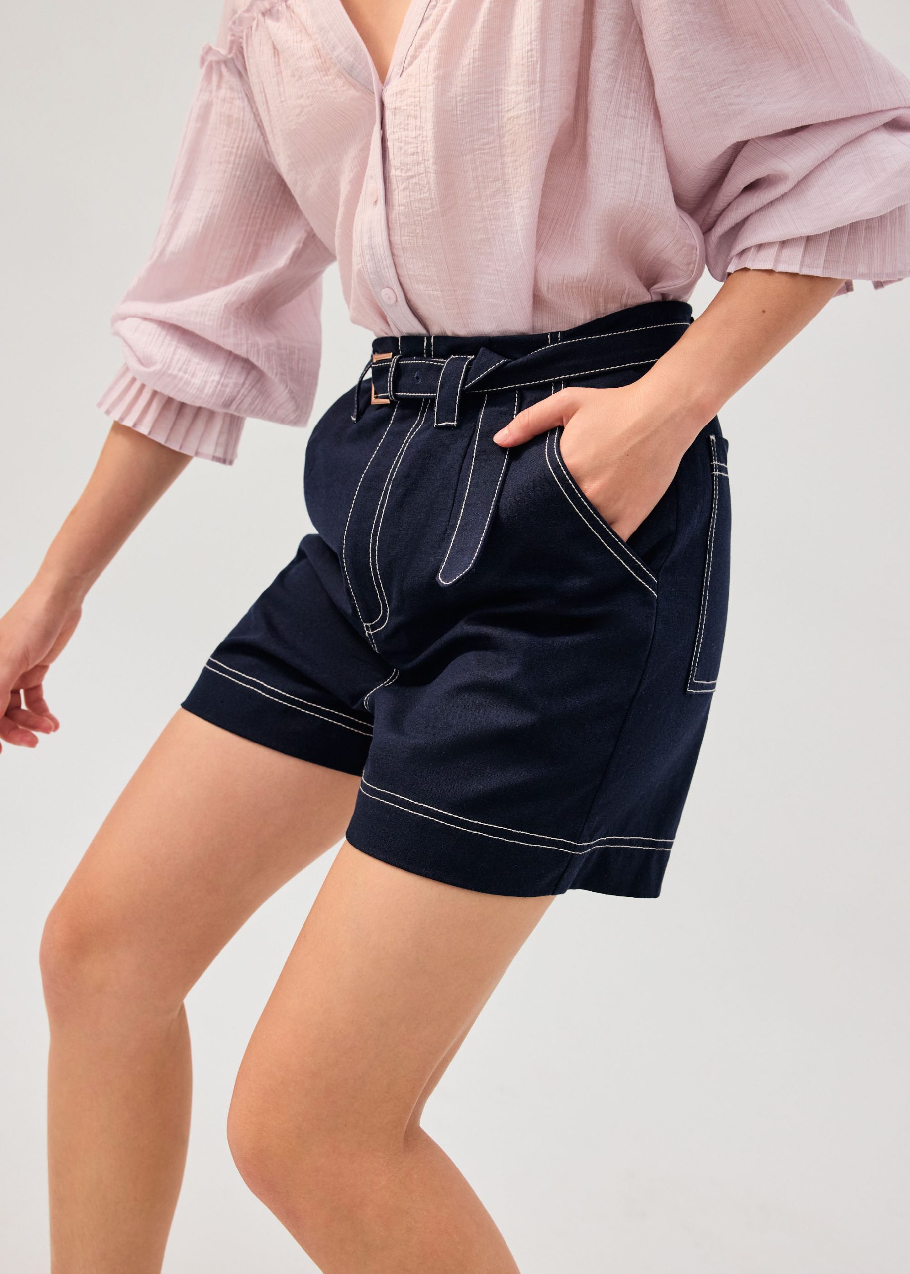 Belted Contrast Stitch High Waist Shorts - Image 2