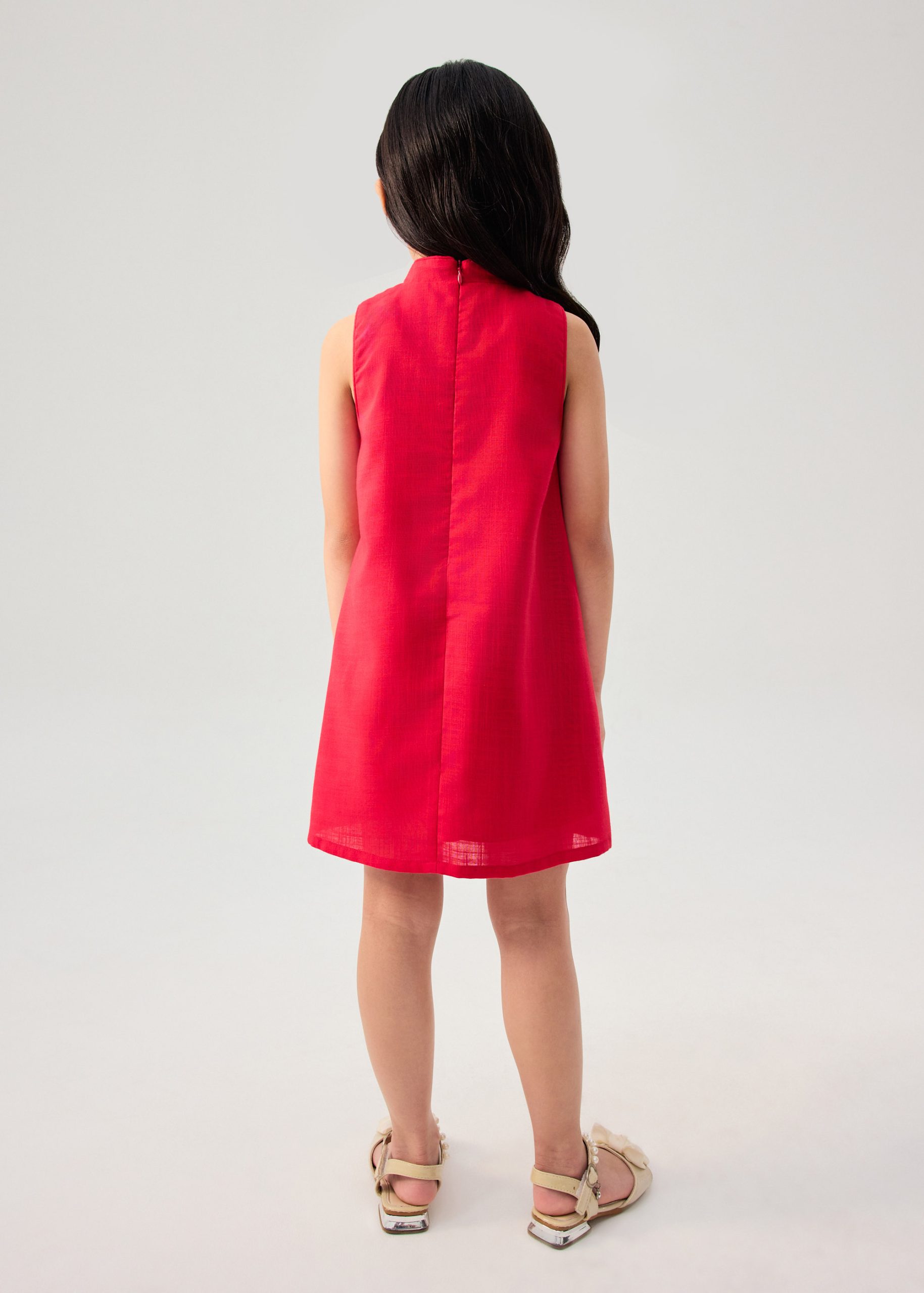Girls' Mandarin Collar Scallop Edge Shift Midi Dress - Image 8